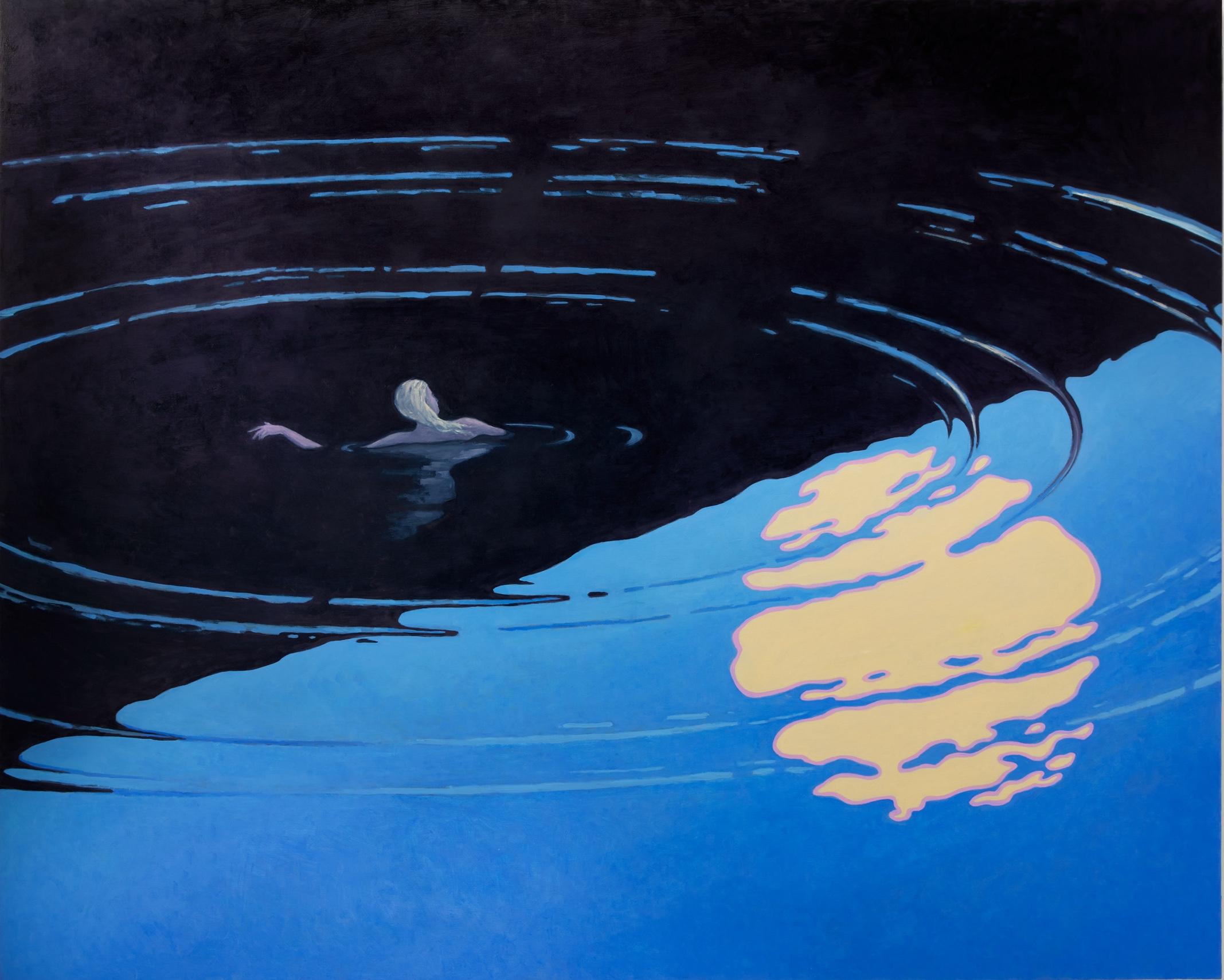 KK Kozik Landscape Painting - Floating II, Night Landscape, Figure Swimming in Midnight Blue Water, Moonlight