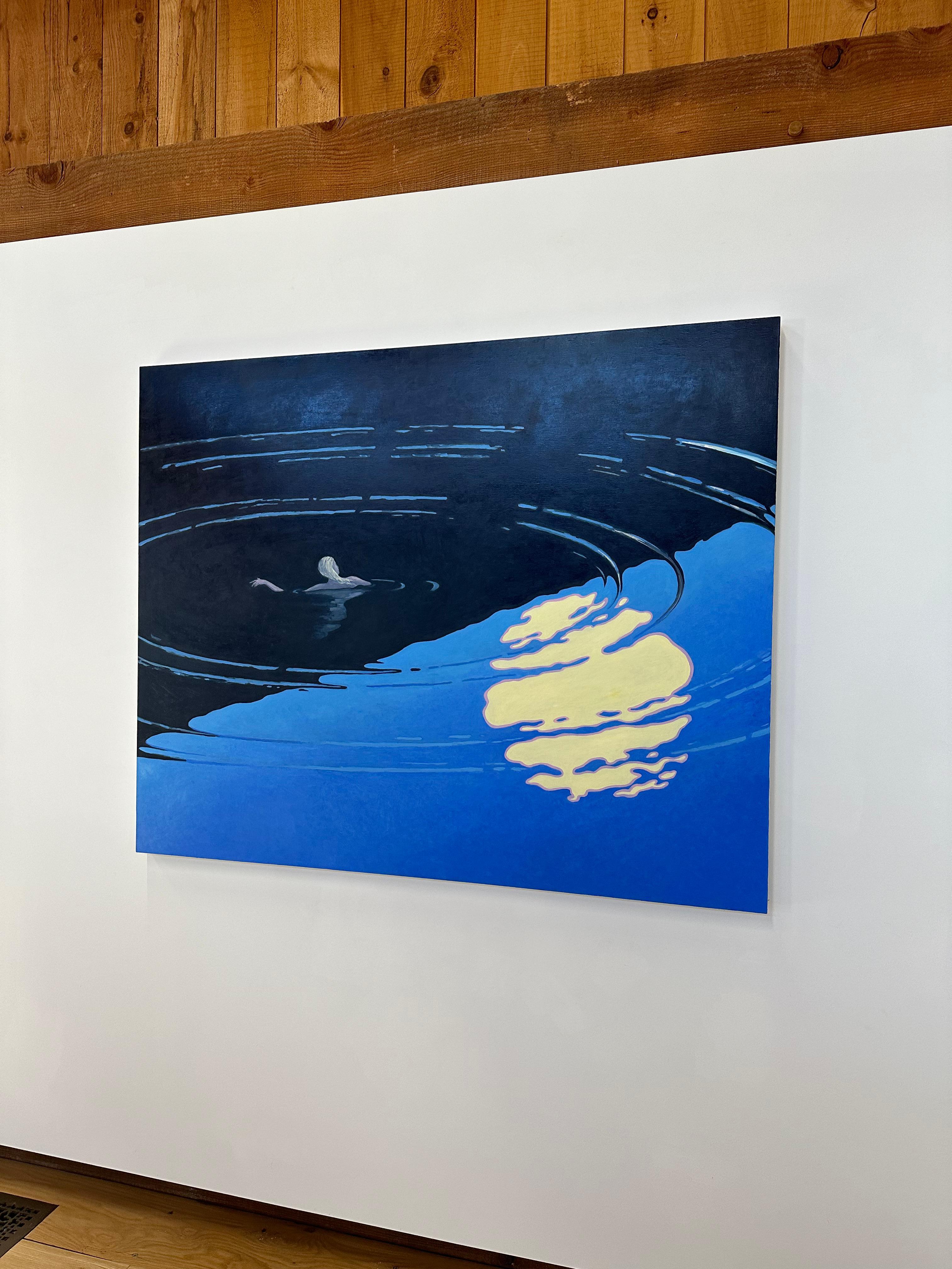 Floating II - Nachtlandschaft Figur Schwimmen Mitternachtsblau Wasser Mond, 2023 (Schwarz), Landscape Painting, von KK Kozik