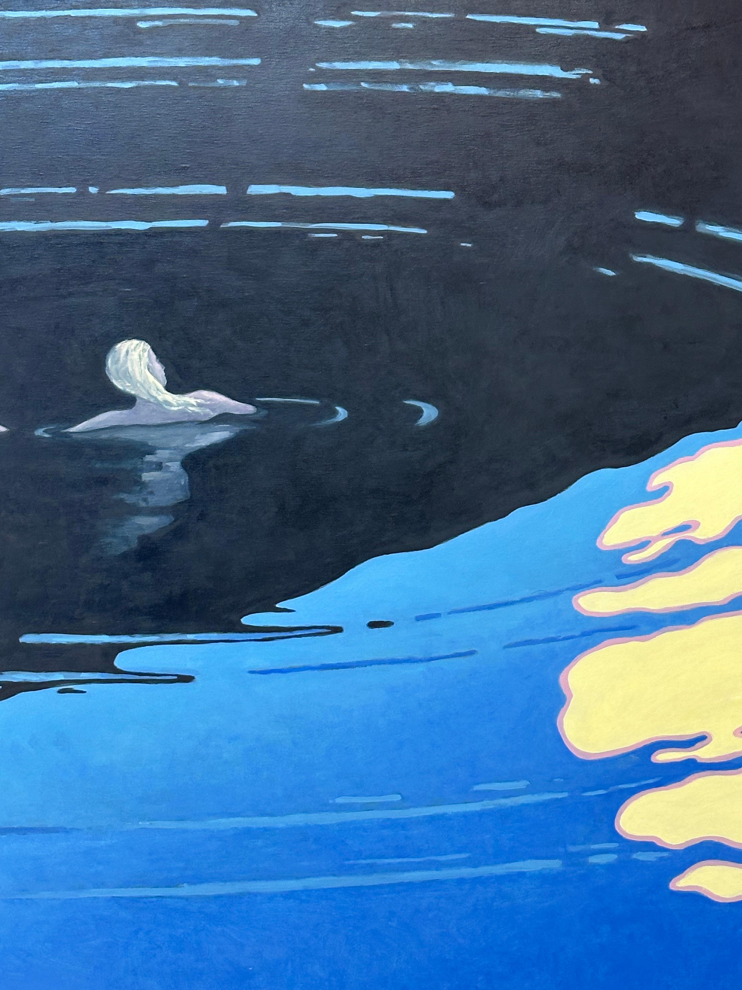 Floating II - Nachtlandschaft Figur Schwimmen Mitternachtsblau Wasser Mond, 2023 im Angebot 2