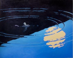 Floating II - Night Landscape Figure Swimming Midnight Blue Water Moon, 2023