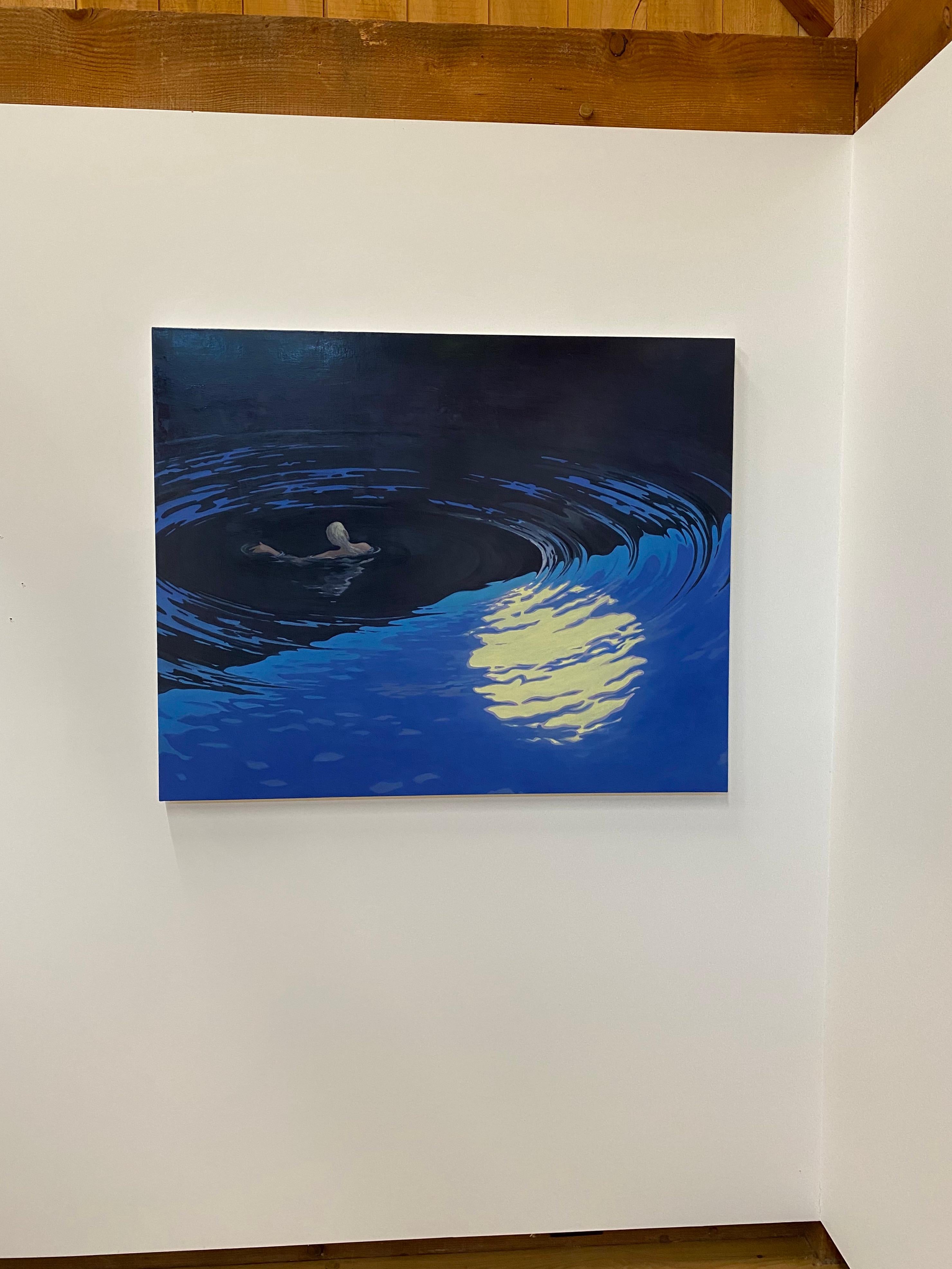 Floating, Night Landscape, Figure Swimming in Blue Water, Moonlight - Painting by KK Kozik