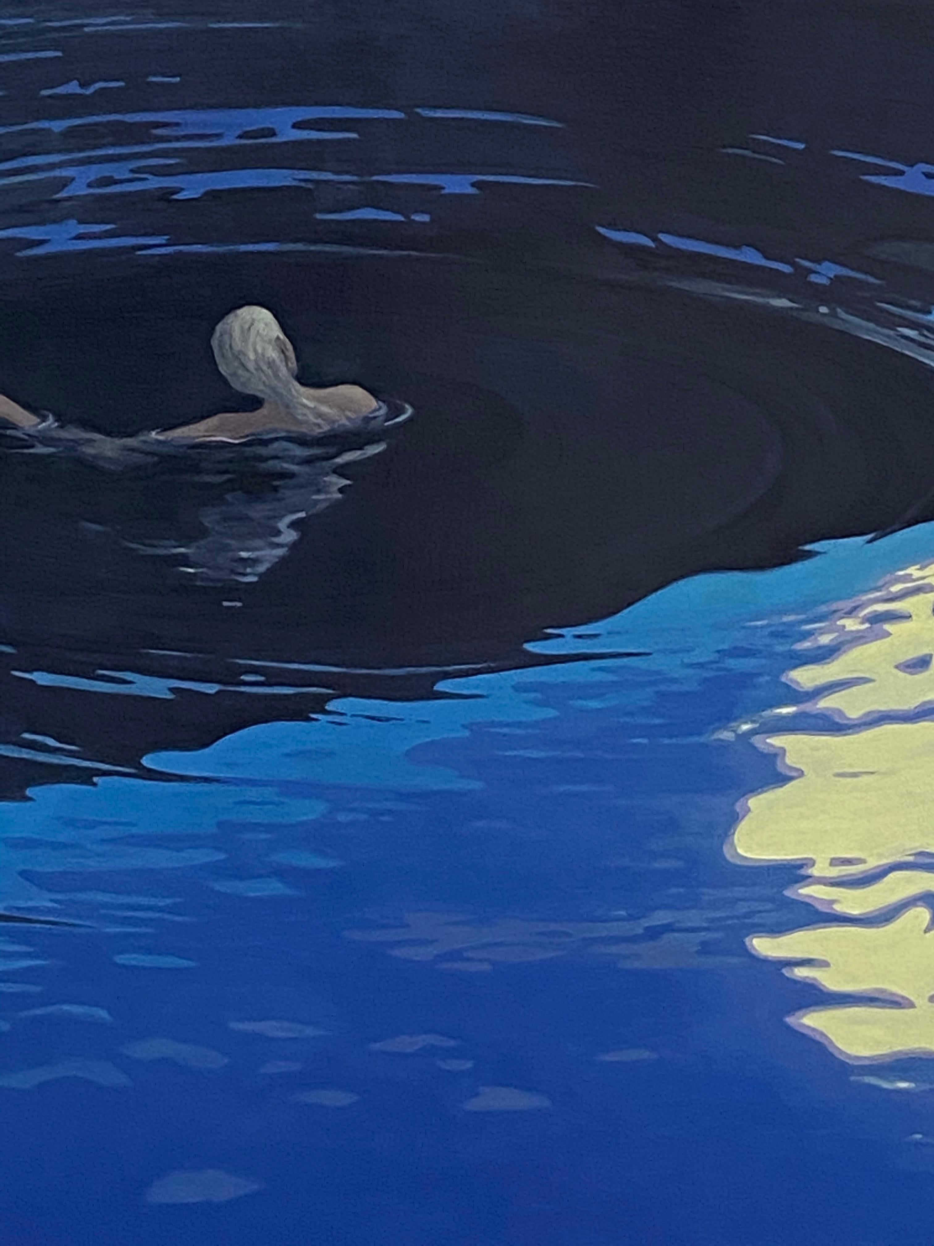 A graceful, fair-haired female figure swims with her back turned in inviting, dark midnight blue water. A round, luminous, glowing moon reflects on the water's rippling surface in this painting set at nightfall by KK Kozik. Signed by artist on the