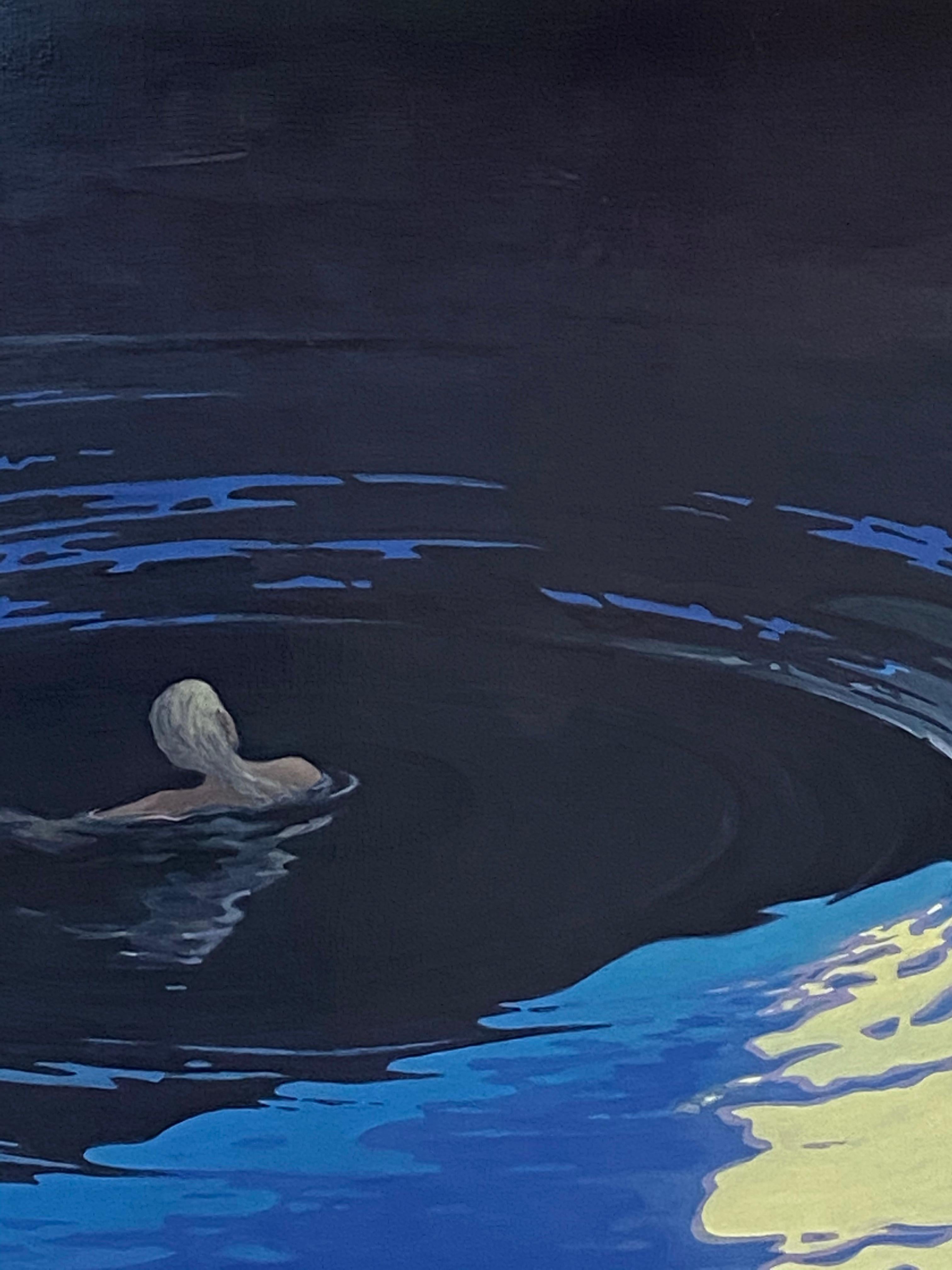 Floating, Night Landscape, Figure Swimming in Blue Water, Moonlight 1