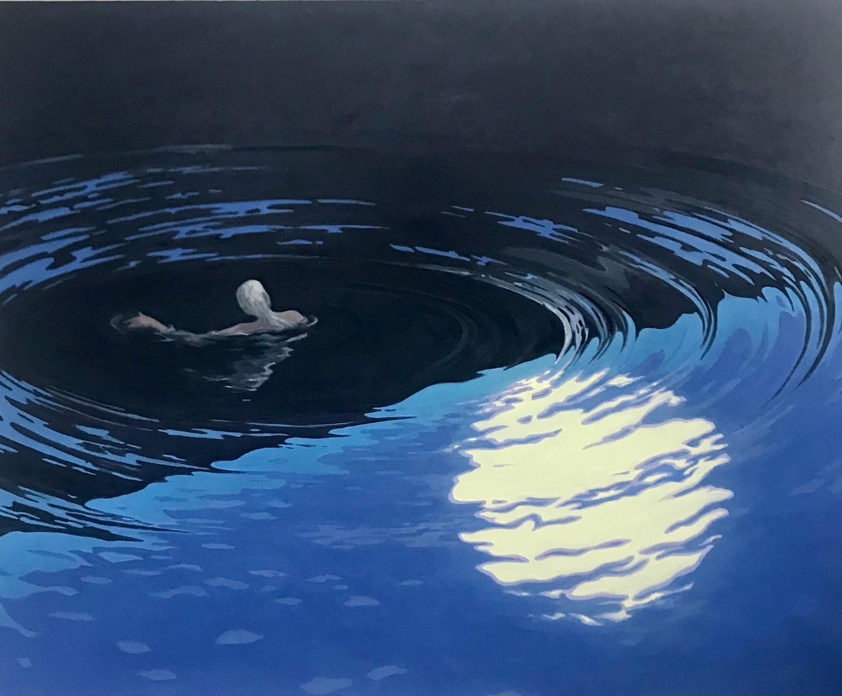 KK Kozik Figurative Painting - Floating, Night Landscape, Figure Swimming in Blue Water, Moonlight