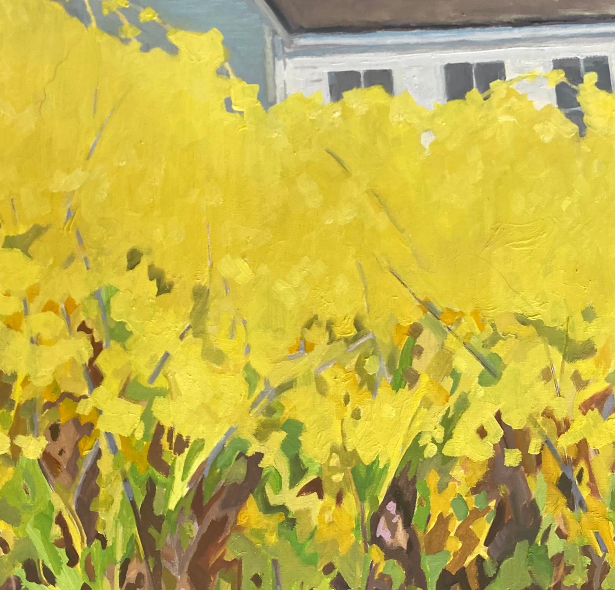 A peaceful spring landscape with a white house and chimney just visible over a yellow forsythia hedgerow against a serene, bright blue sky. Signed, dated and titled on verso.

KK Kozik is a landscape painter, a figurative painter, and an
