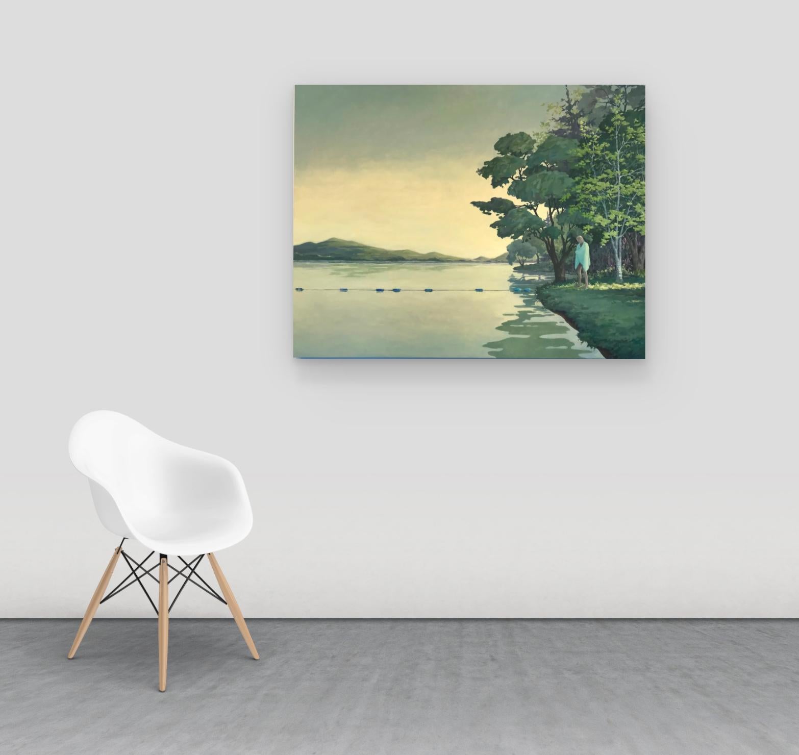 Glass, Lake Landscape, Figure Standing by Water, Mountains, Sage Green, Yellow - Painting by KK Kozik
