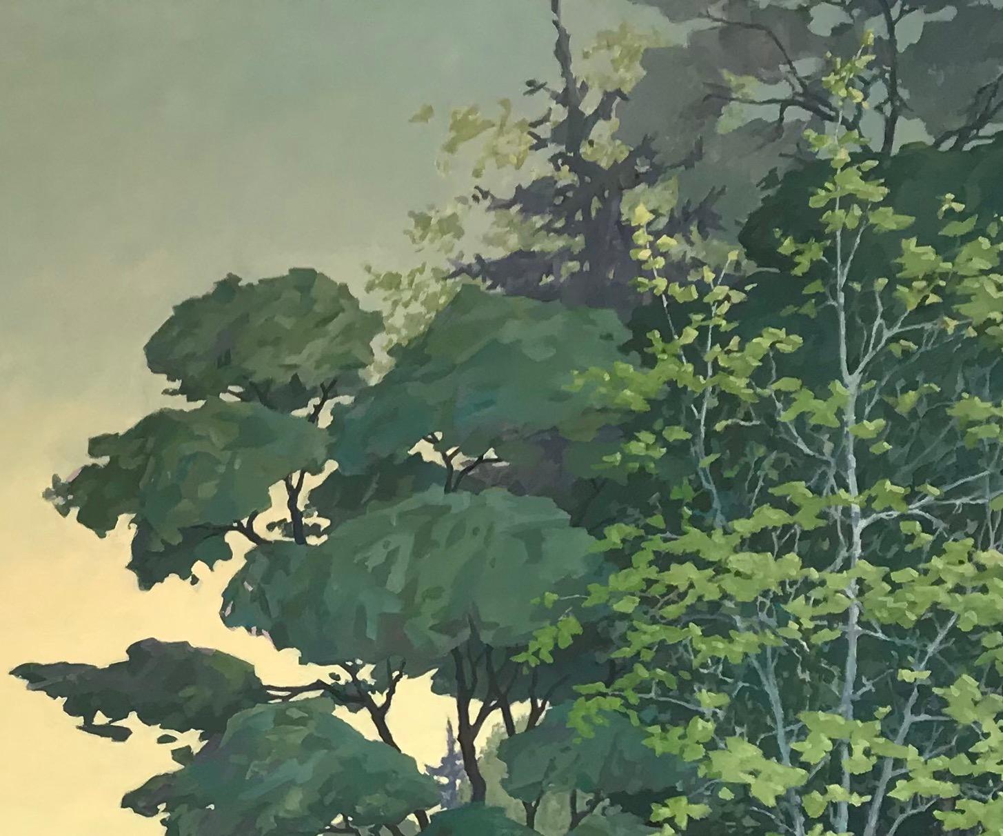 Glass, Lake Landscape, Figure Standing by Water, Mountains, Sage Green, Yellow - Contemporary Painting by KK Kozik