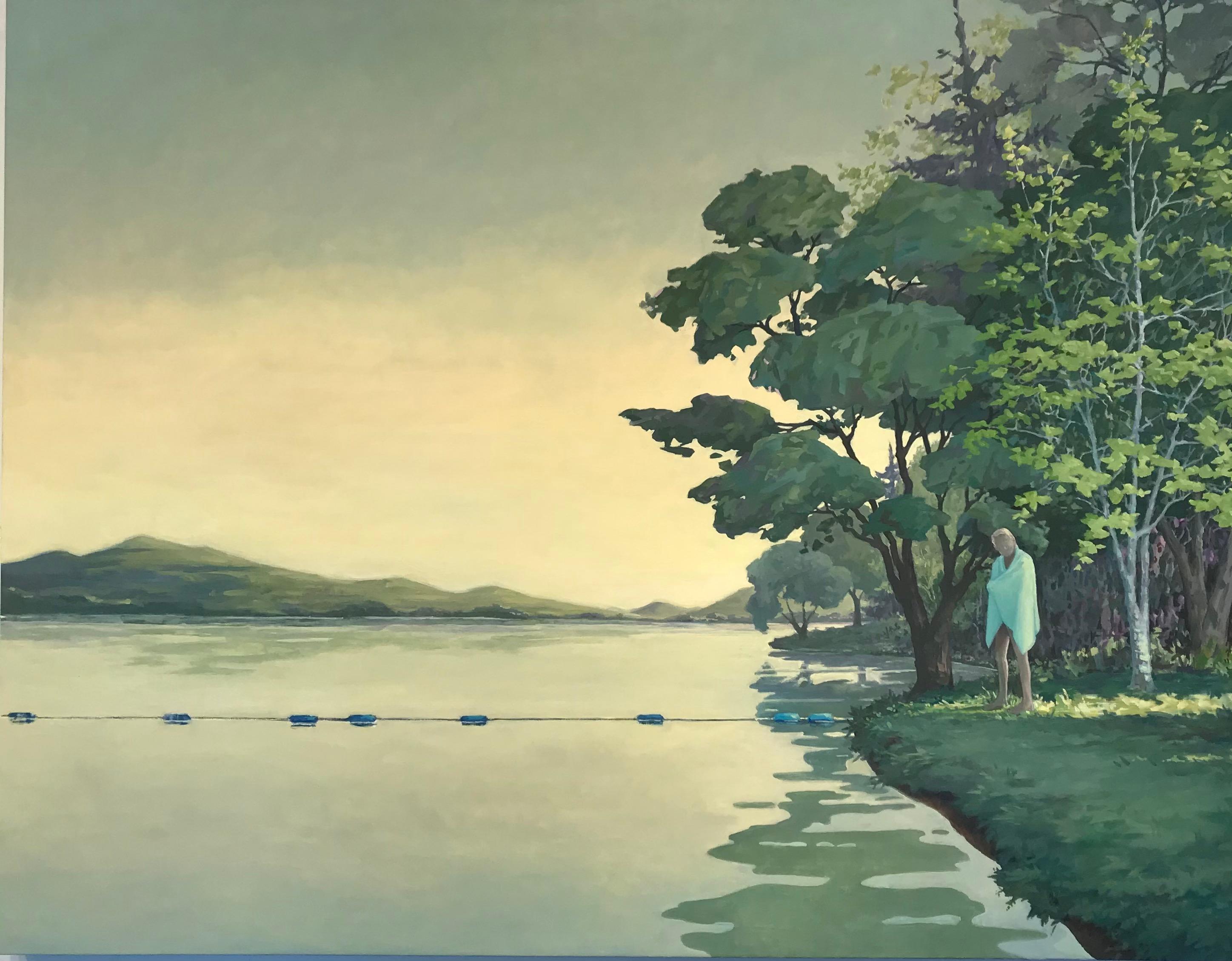 KK Kozik Landscape Painting - Glass, Lake Landscape, Figure Standing by Water, Mountains, Sage Green, Yellow