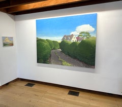 Invitation - Contemporary Painting White House Blue Sky Clouds Pathway, 2024