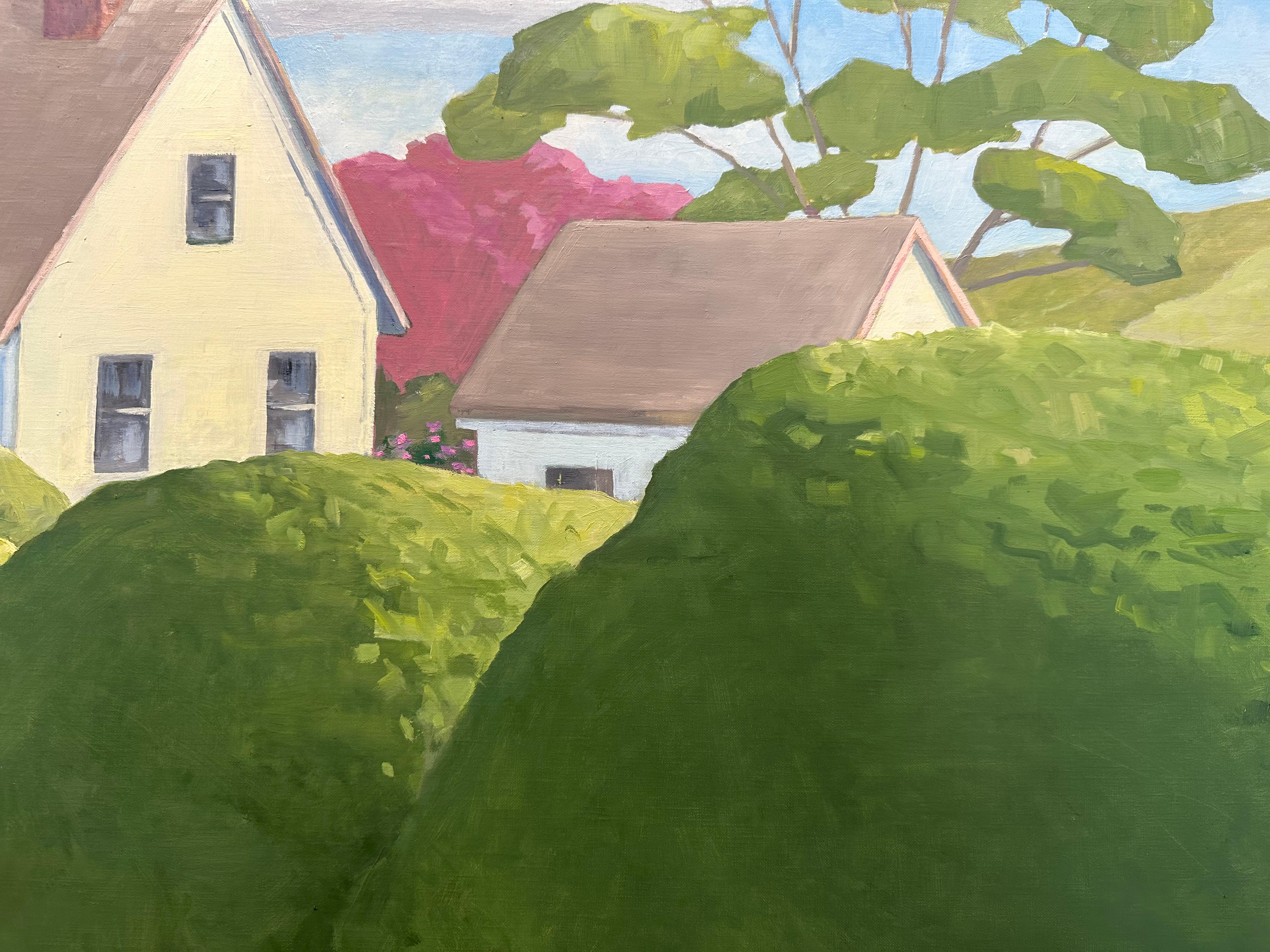 Invitation - Peinture contemporaine Maison blanche Ciel bleu Nuages Chemin, 2024 en vente 6