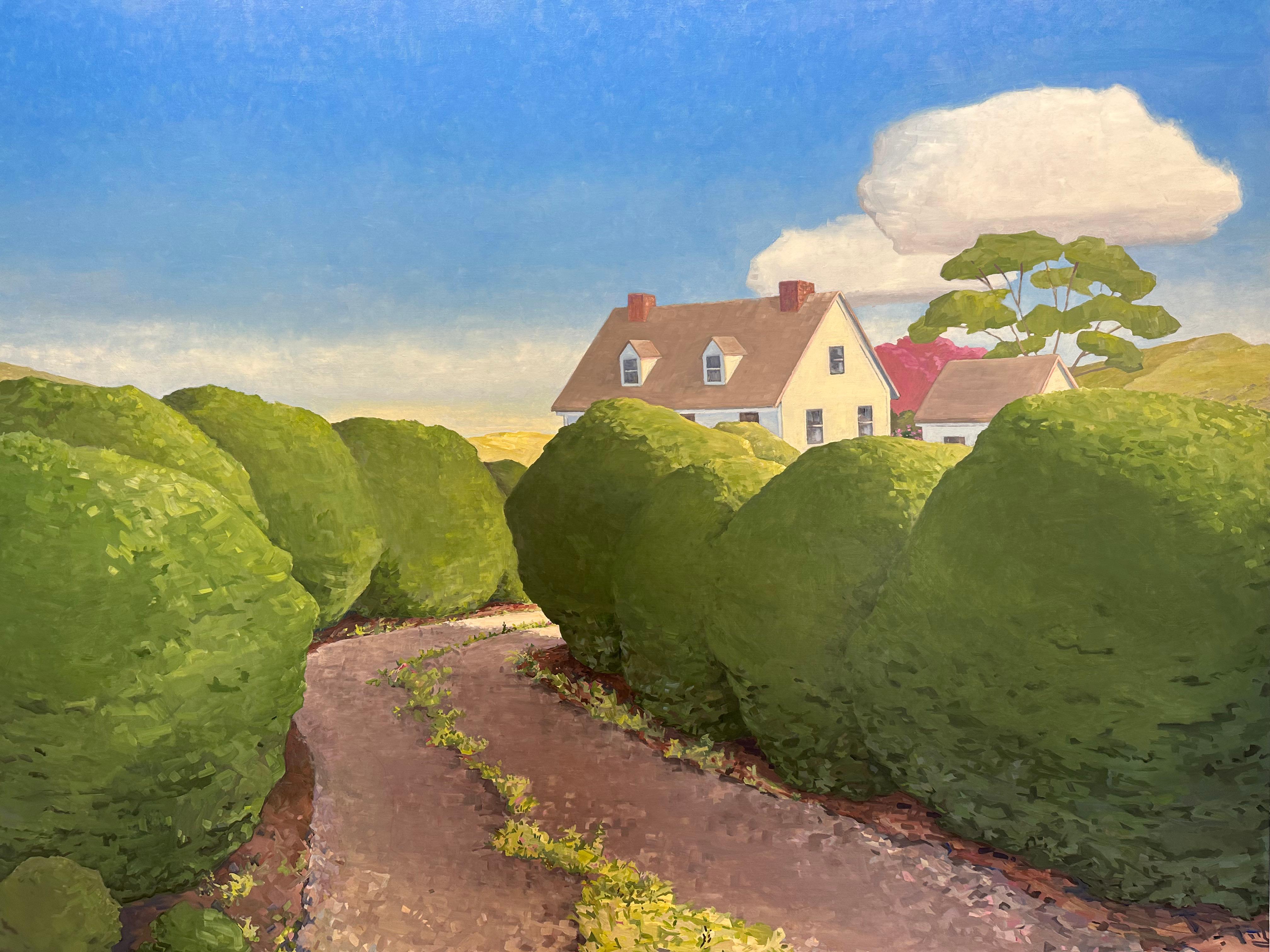 Invitation, White House Roof, Blue Sky, Clouds, Green Hedges, Pathway - Contemporary Painting by KK Kozik
