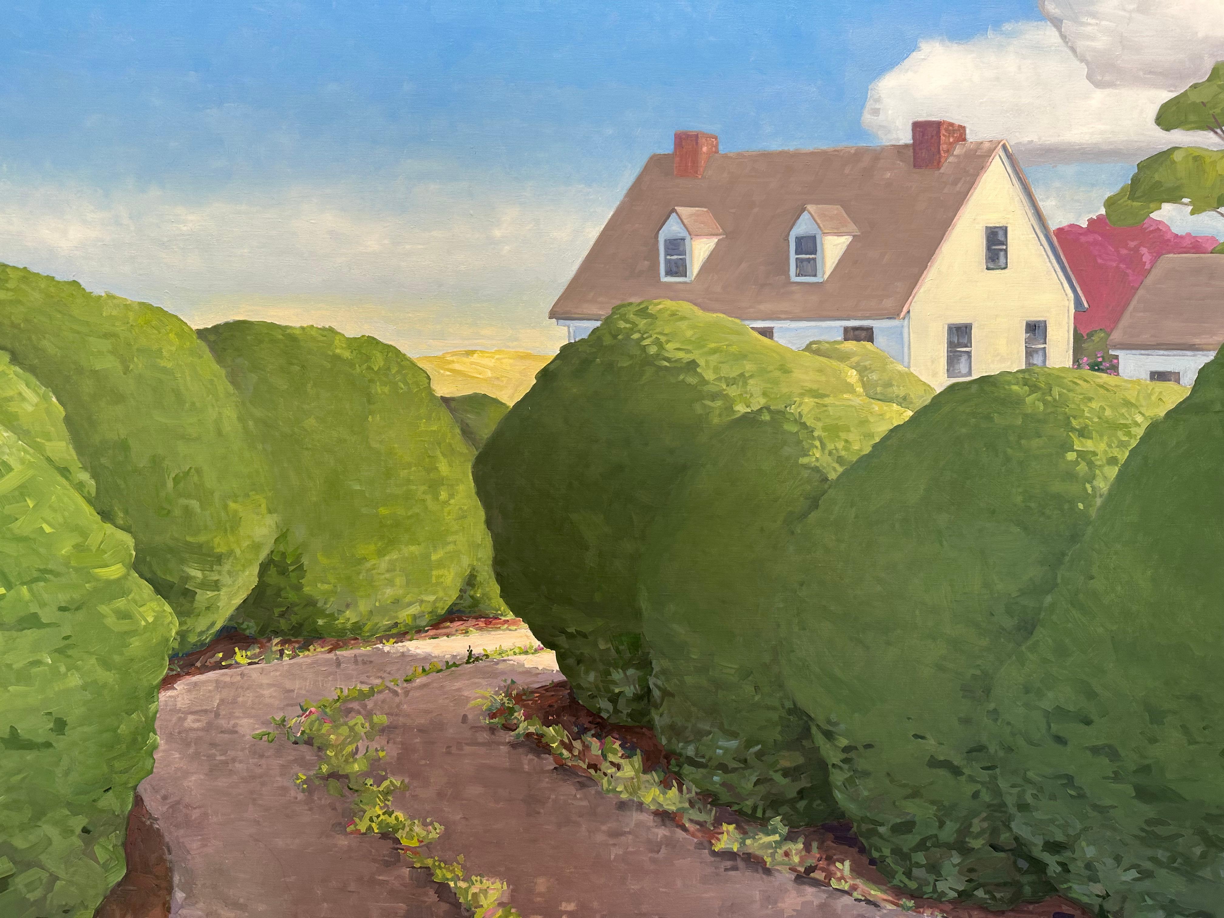 A peaceful painting of the chimneys and roof of a white house visible down a winding path lined with tall green hedges. The serene sky is calm and blue with a couple cumulus clouds floating overhead. Signed, dated and titled on verso.

KK Kozik is a