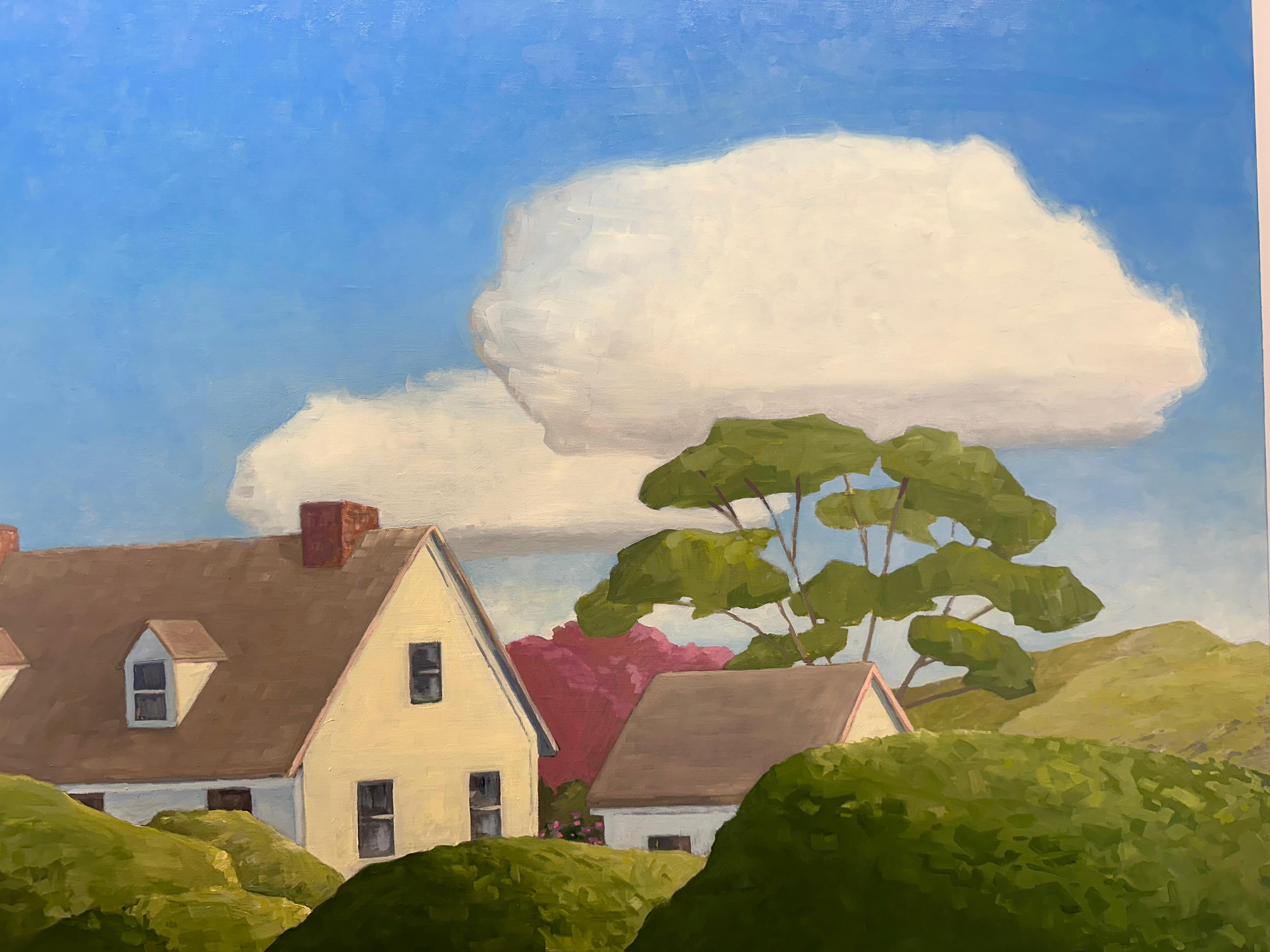 Invitation - Peinture contemporaine Maison blanche Ciel bleu Nuages Chemin, 2024 en vente 1