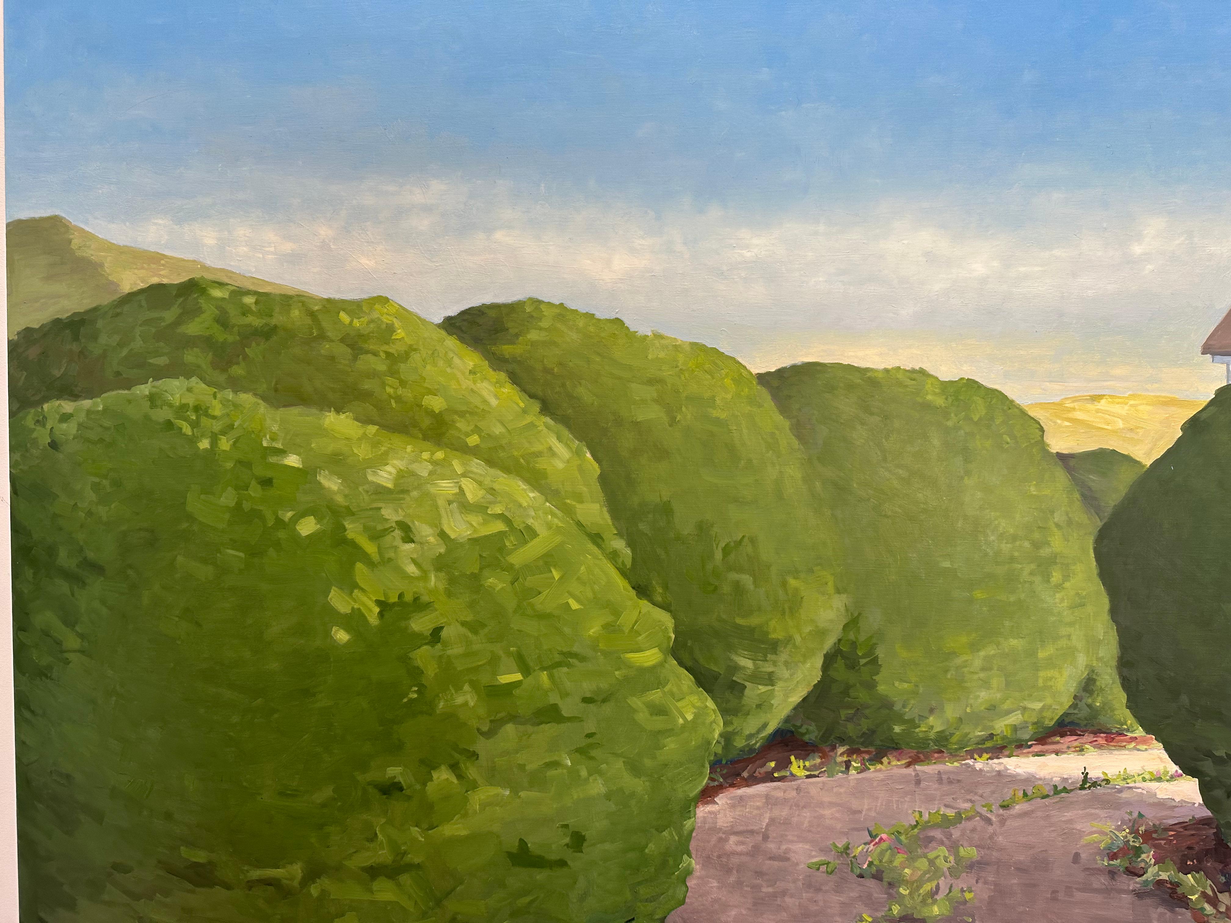 Invitation - Peinture contemporaine Maison blanche Ciel bleu Nuages Chemin, 2024 en vente 2