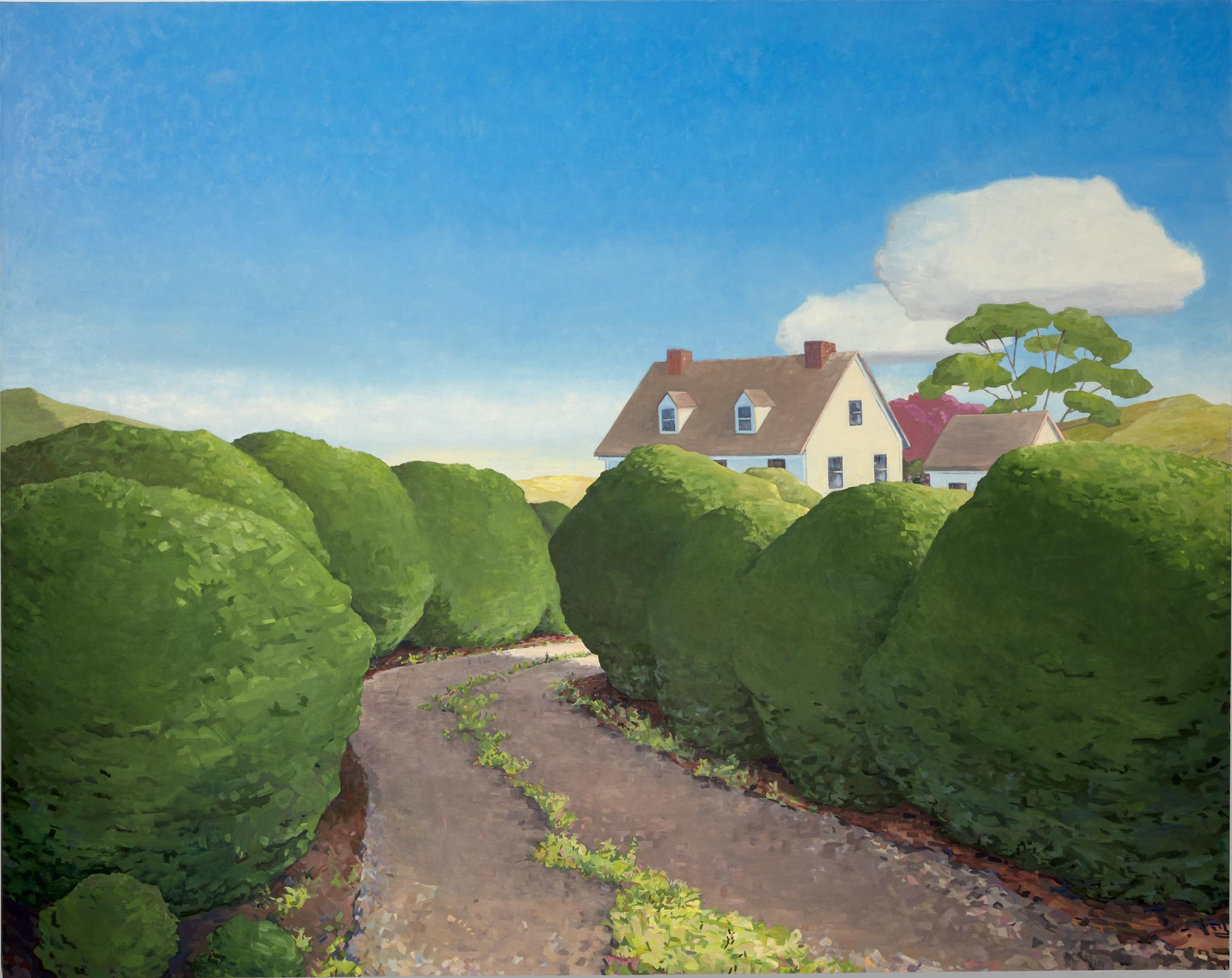 KK Kozik Landscape Painting – Invitation, White House Roof, Blauer Himmel, Wolken, Grüne Hedges, Weg, Weg