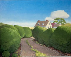 Invitation - Contemporary Painting White House Blue Sky Clouds Path, 2024