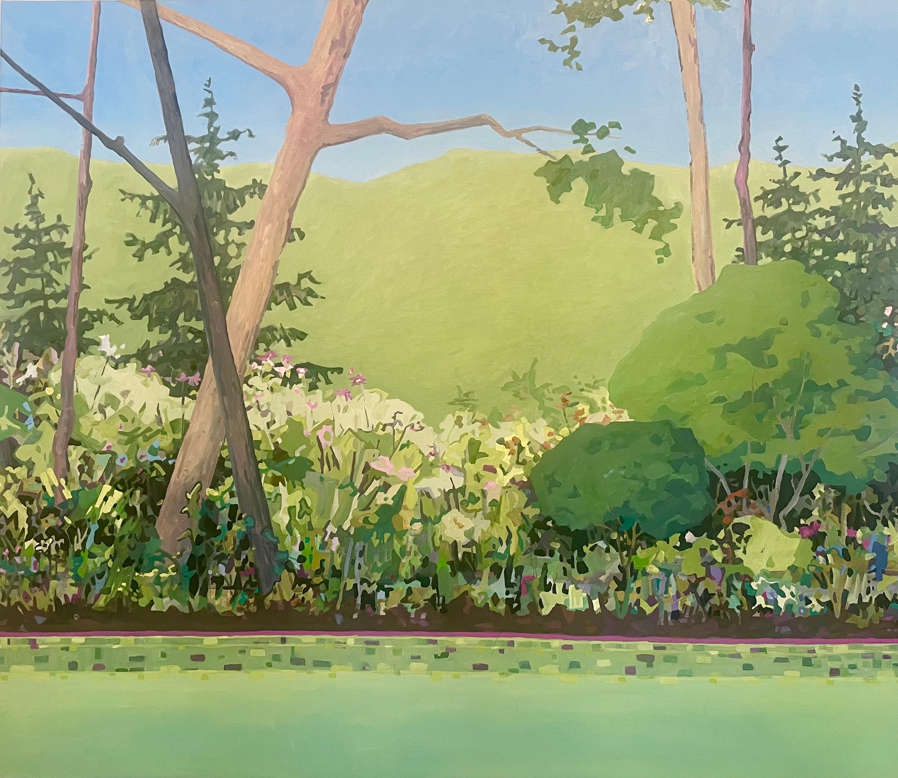 Landscape Painting KK Kozik - Bord de lac, paysage de lac, pins, fleurs, eau verte de Sage Olive, ciel bleu