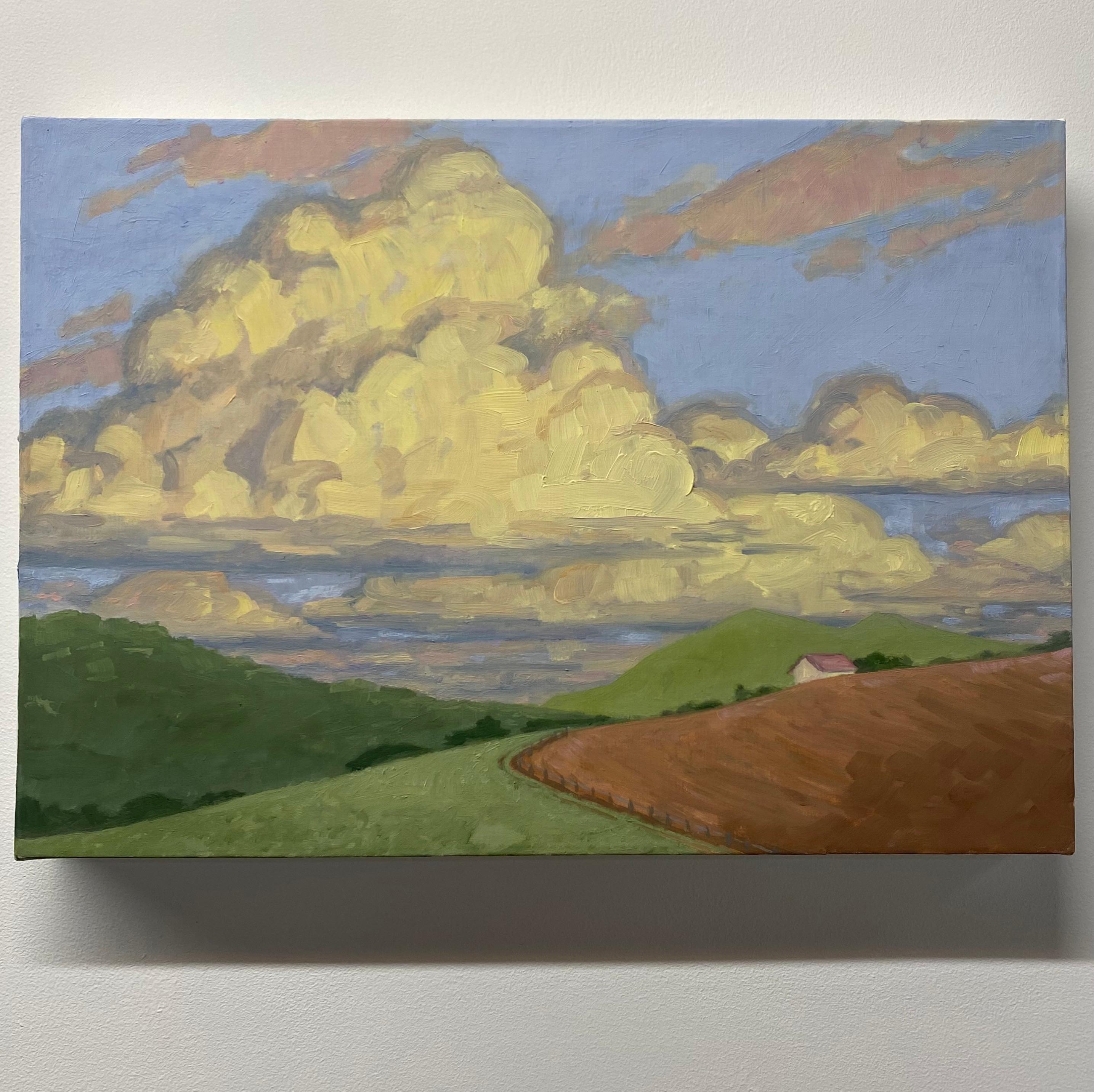Late Afternoon, Green Hills, Fields, Blue Periwinkle Sky, Ivory Clouds, House - Painting by KK Kozik