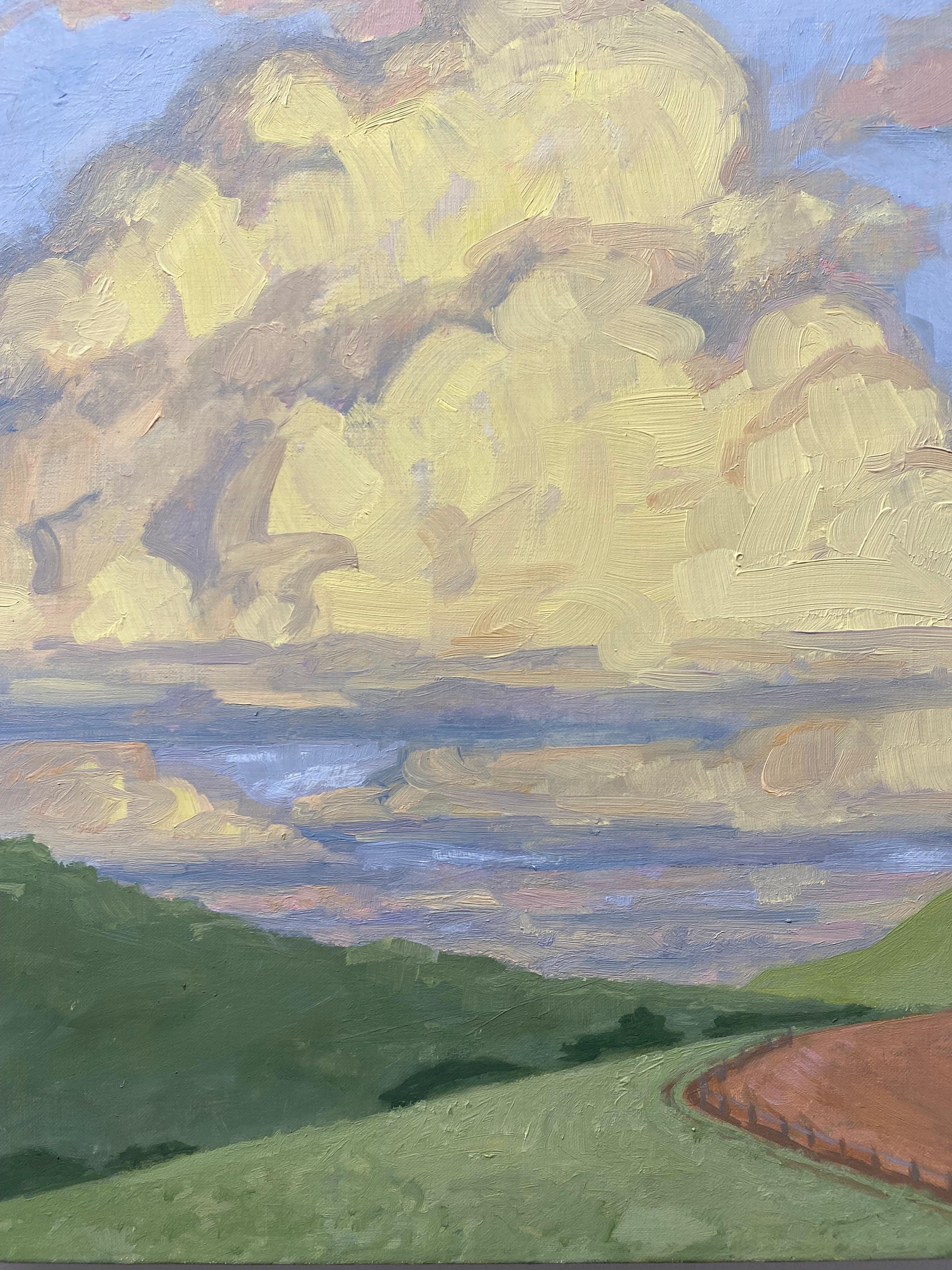 Ivory clouds float in periwinkle blue skies over an idyllic rural landscape with green rolling hills and a field with a red roofed house in the distance. Signed, dated and titled on verso.

KK Kozik is a landscape painter, a figurative painter, and