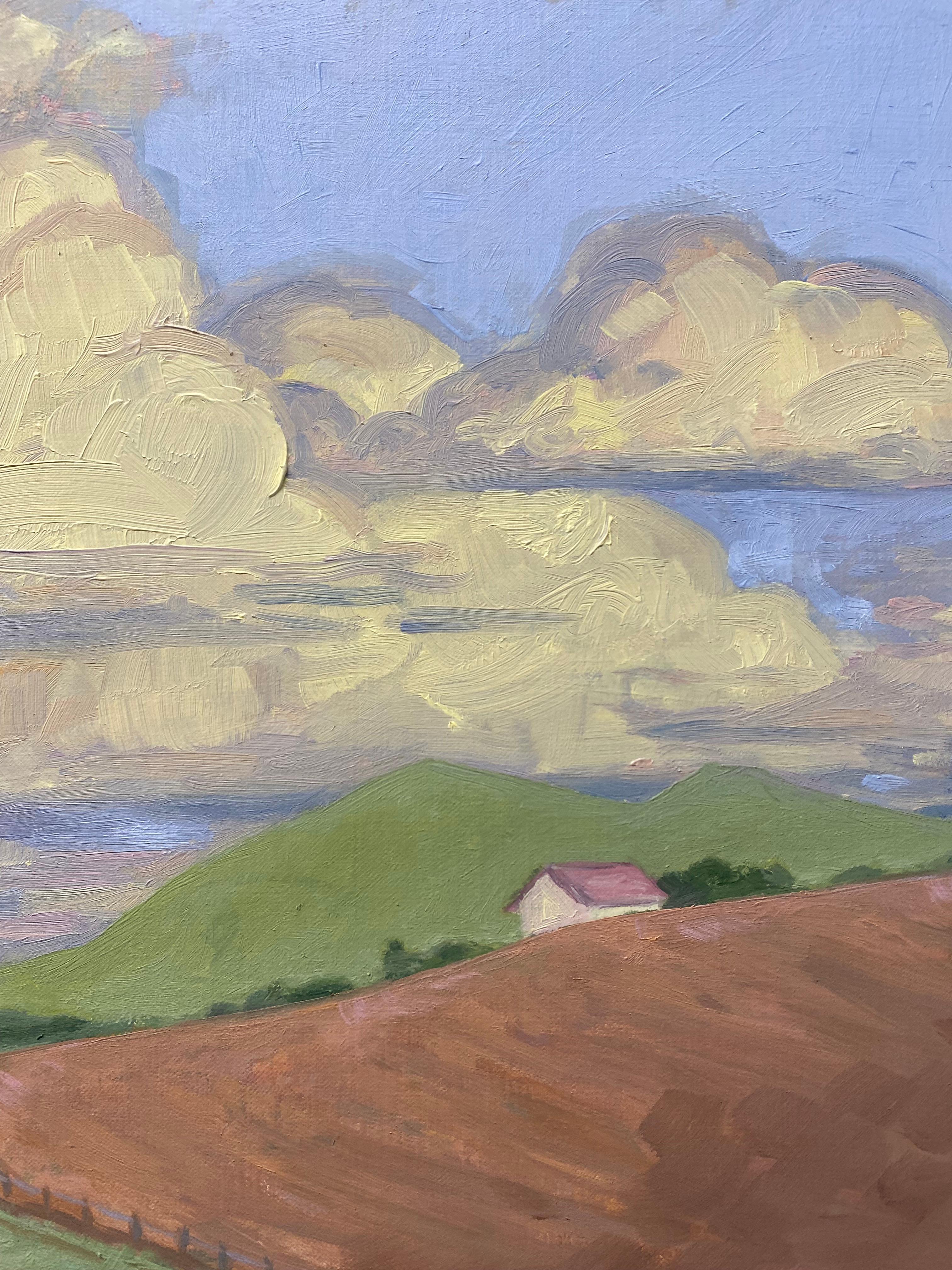 Late Afternoon, Green Hills, Fields, Blue Periwinkle Sky, Ivory Clouds, House 1