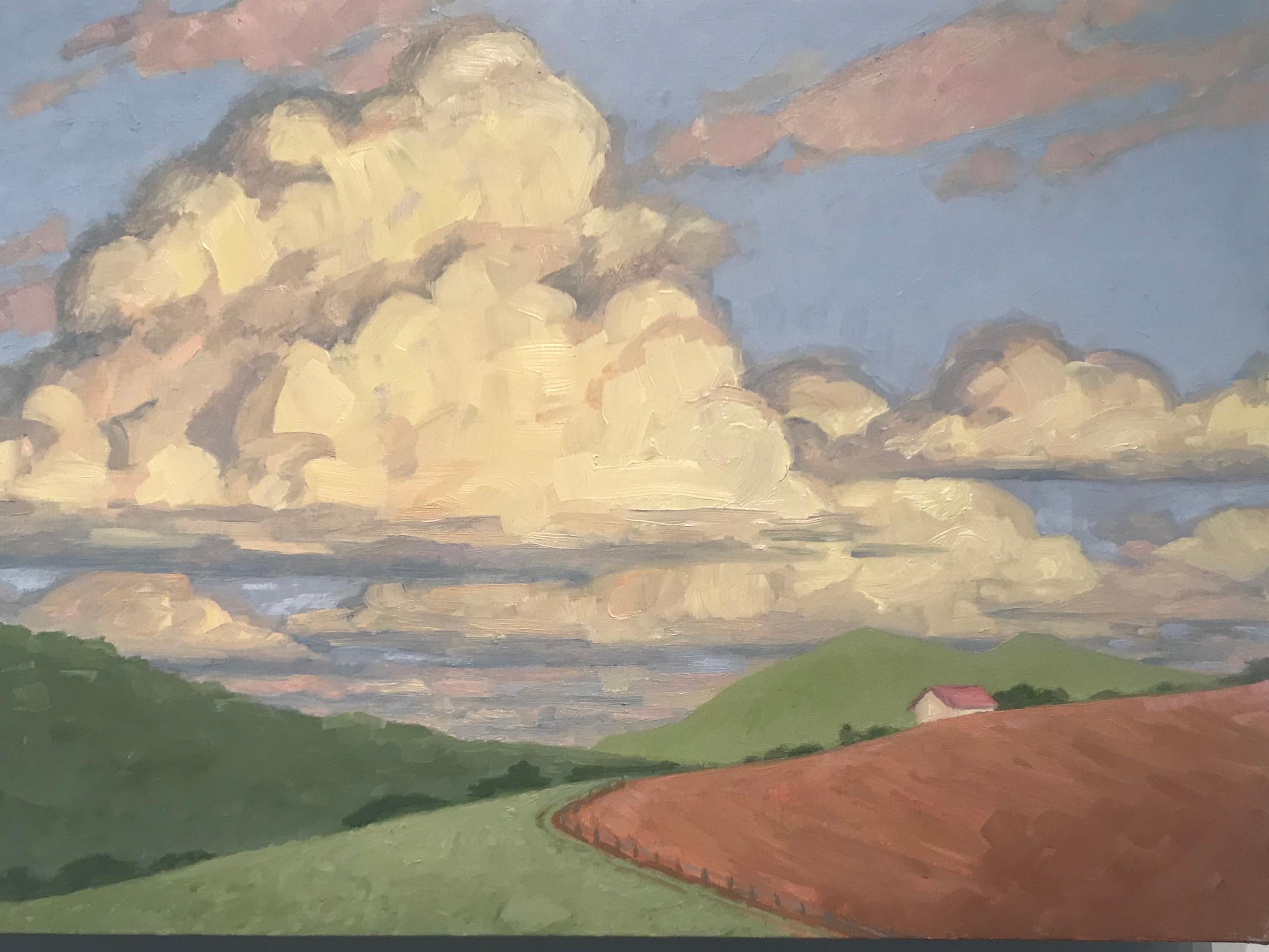 KK Kozik Landscape Painting - Late Afternoon, Green Hills, Fields, Blue Periwinkle Sky, Ivory Clouds, House