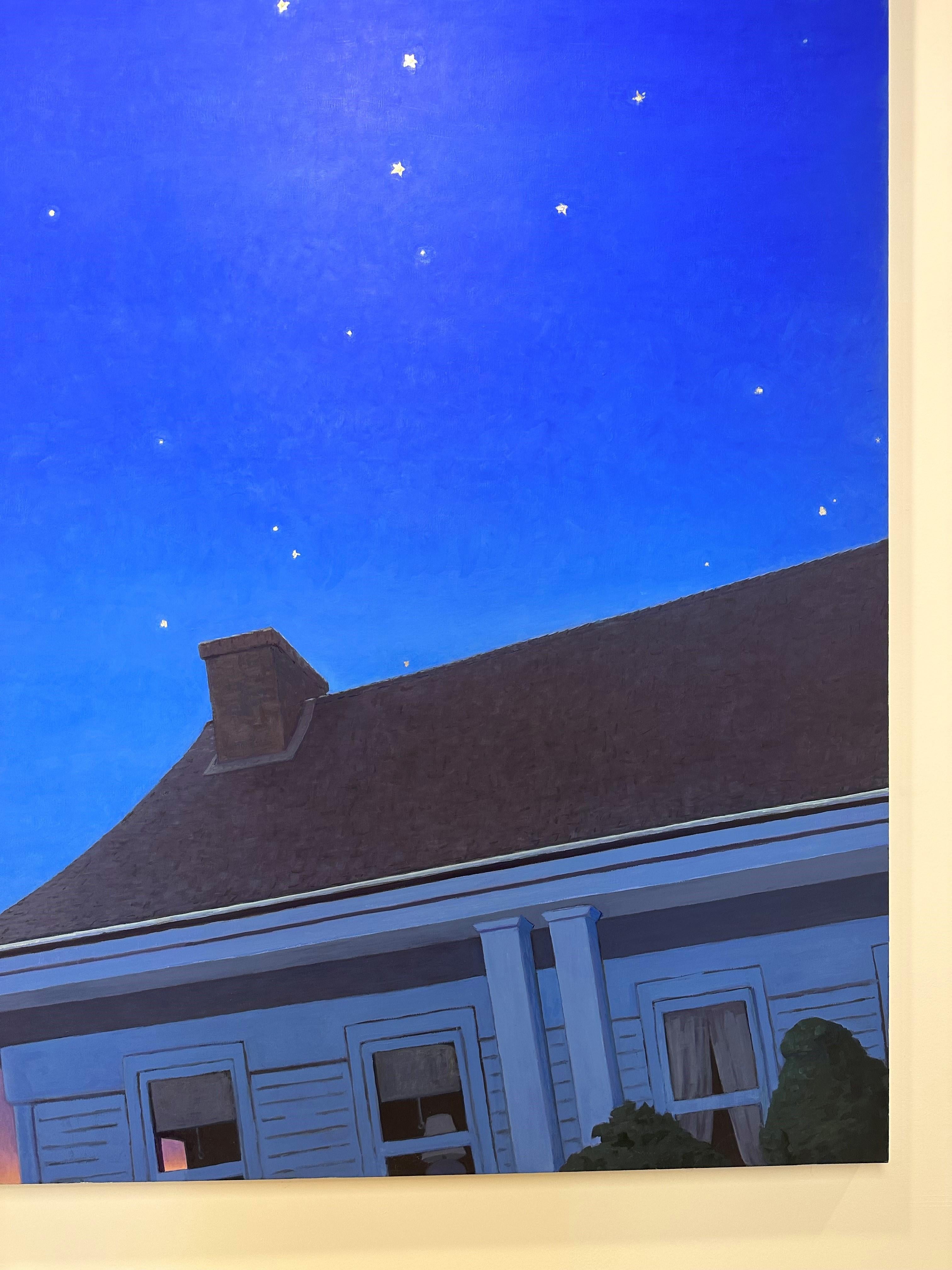 Look Up, Night Painting, White House Roof, Dark Blue Sky, White Gold Leaf Stars For Sale 8