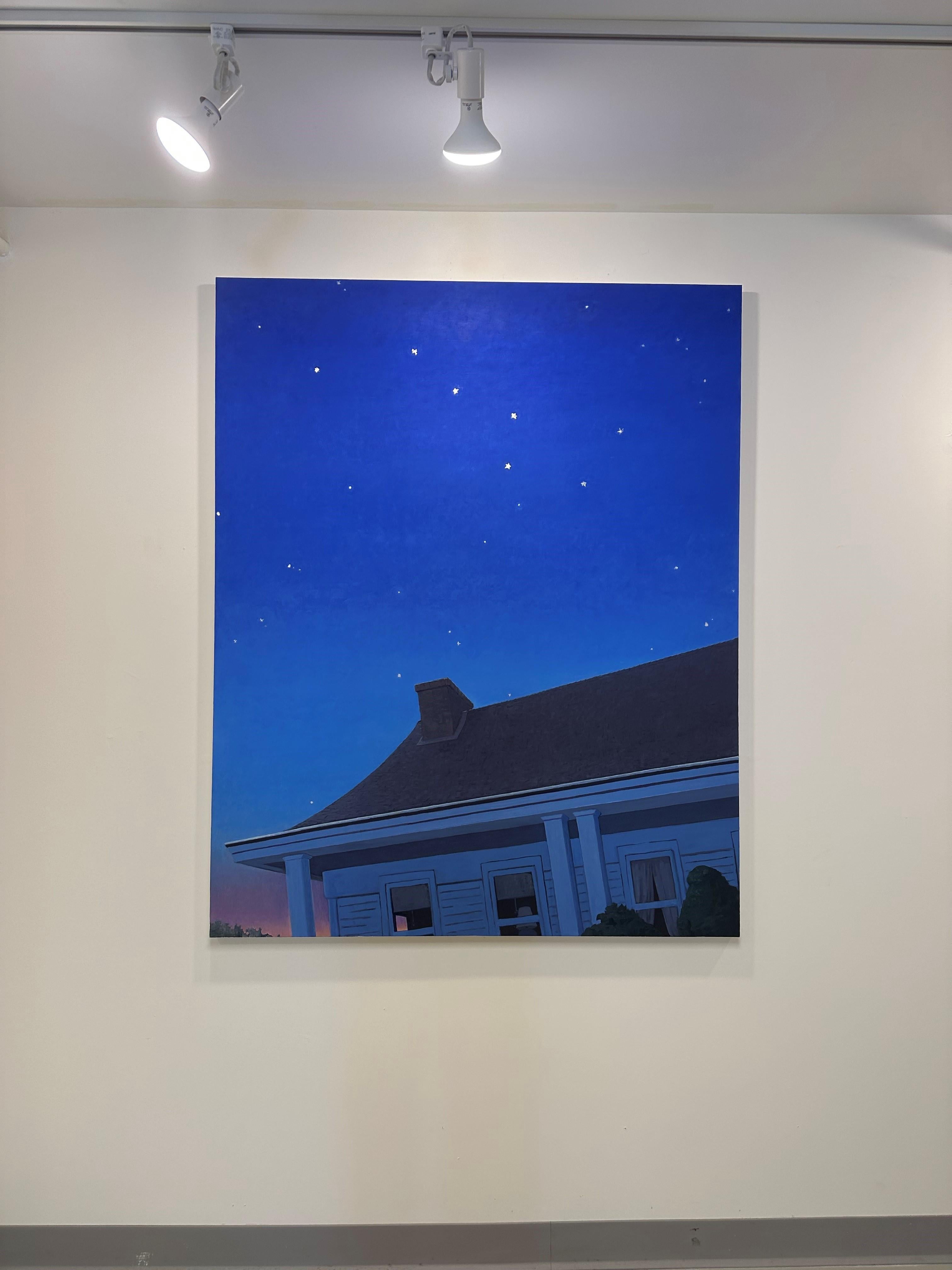 A peaceful nighttime painting of the chimney and roof of a white house against a serene twilight sky darkening from a golden peach to a deep, dark cobalt blue. The night sky is illuminated with softly shimmering white gold leaf stars. Signed, dated