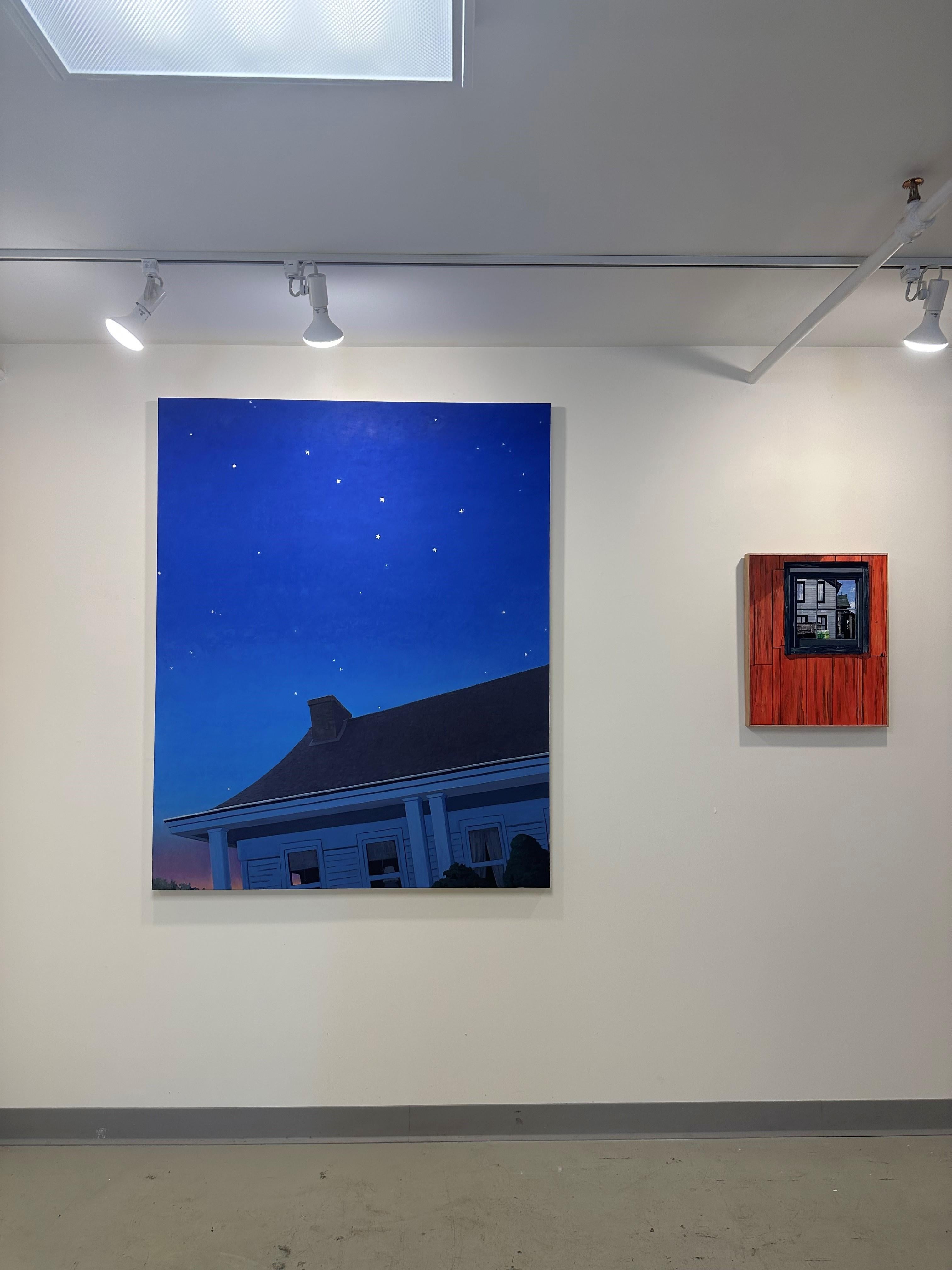Look Up, Night Painting, White House Roof, Dark Blue Sky, White Gold Leaf Stars For Sale 5