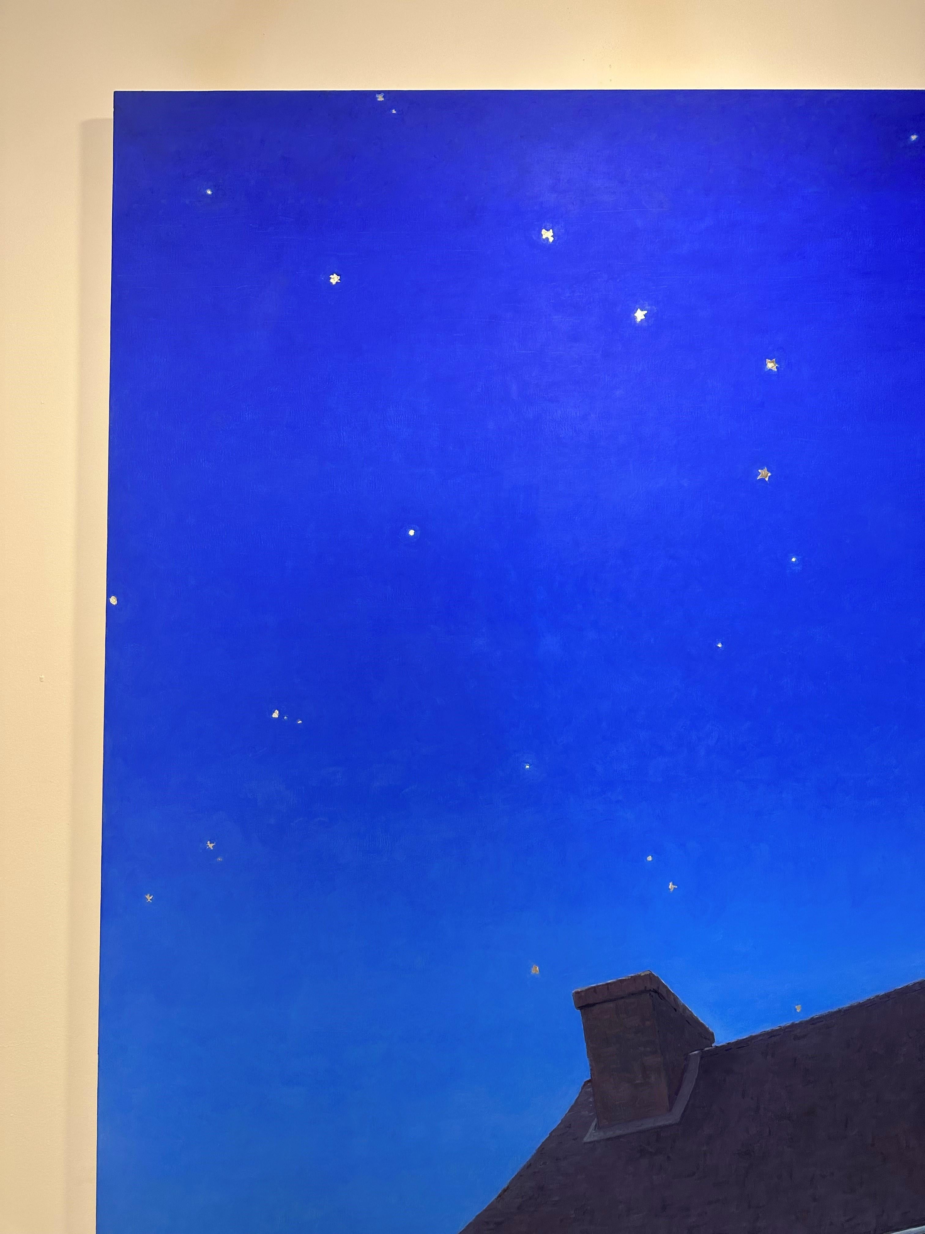 Look Up, Night Painting, White House Roof, Dark Blue Sky, White Gold Leaf Stars For Sale 6