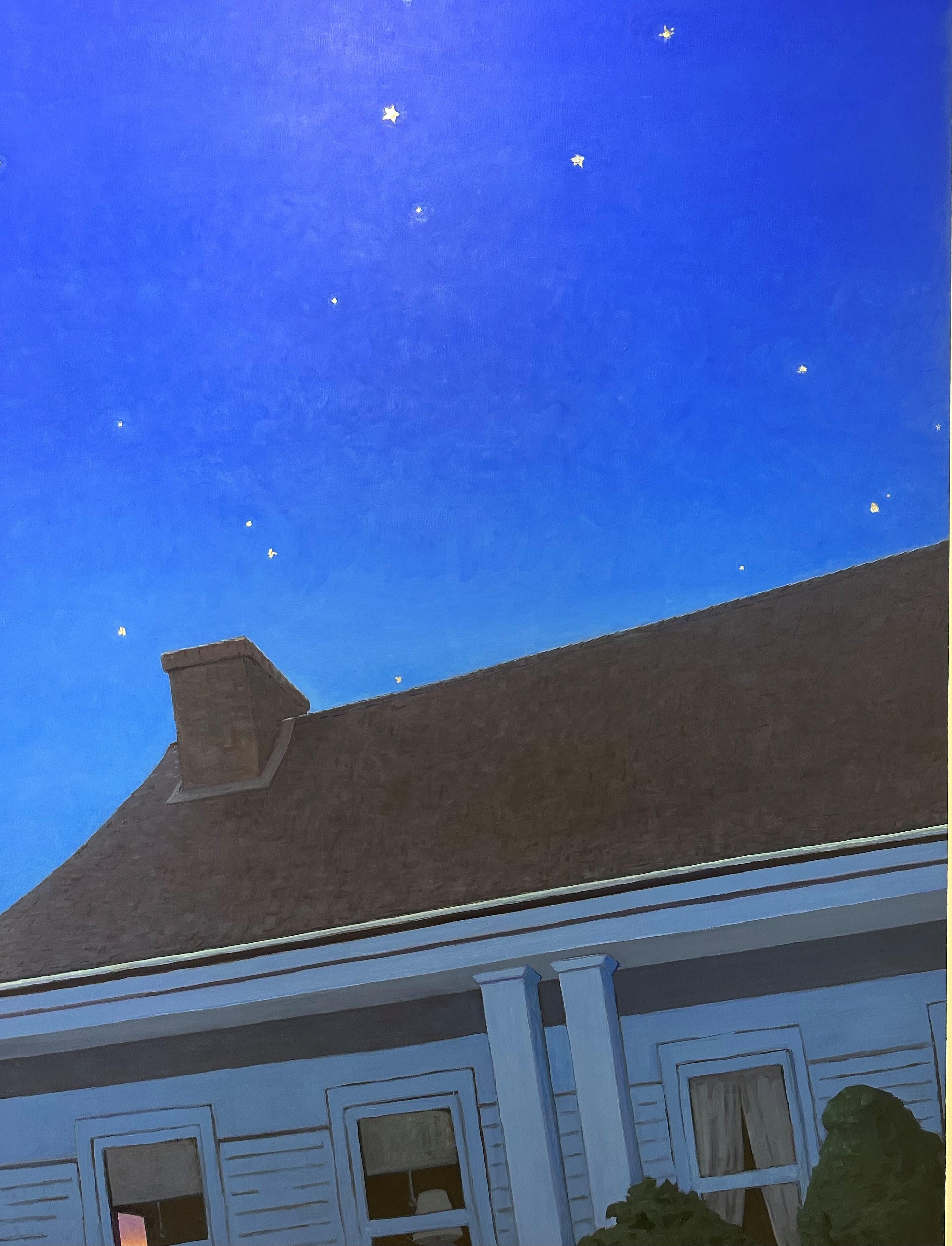 Look Up, Night Painting, White House Roof, Dark Blue Sky, White Gold Leaf Stars For Sale 7
