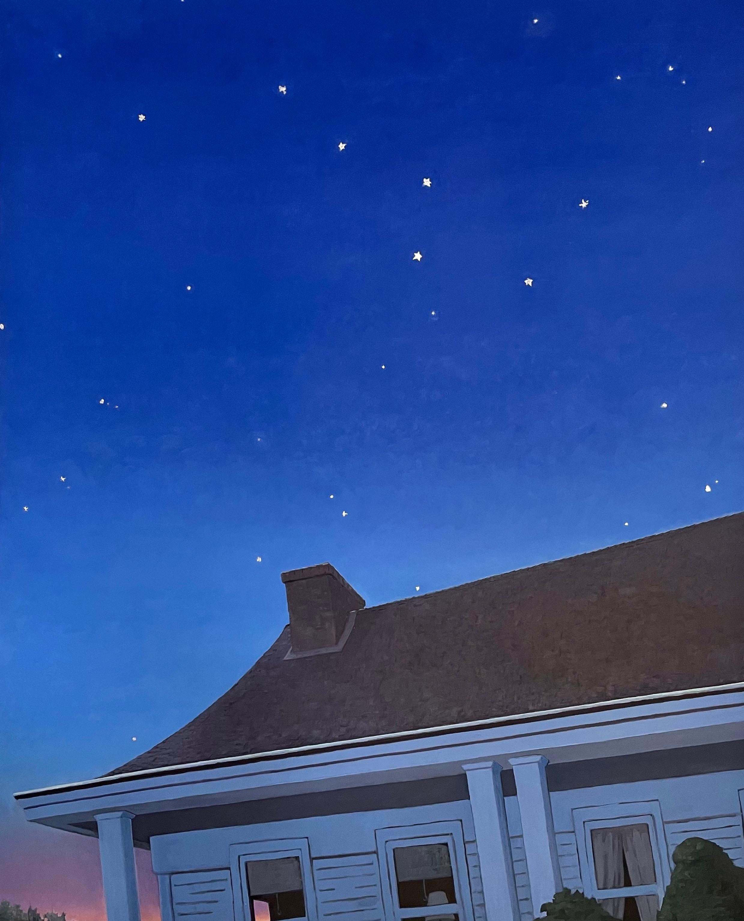 KK Kozik Landscape Painting - Look Up, Night Painting, White House Roof, Dark Blue Sky, White Gold Leaf Stars