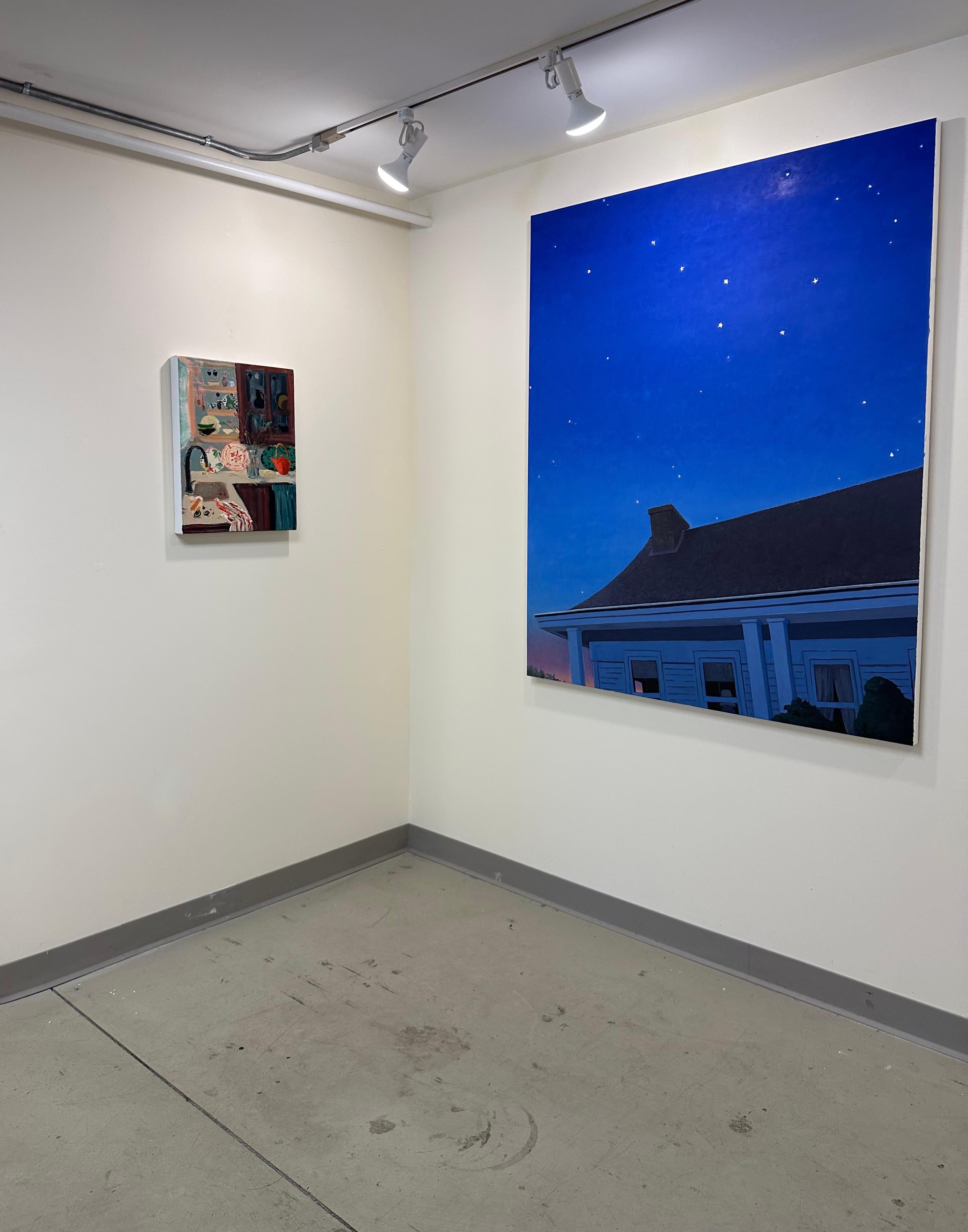 Look Up, peinture à l'huile, feuille d'or blanc Stars House Night Sky, 2022 - Contemporain Painting par KK Kozik