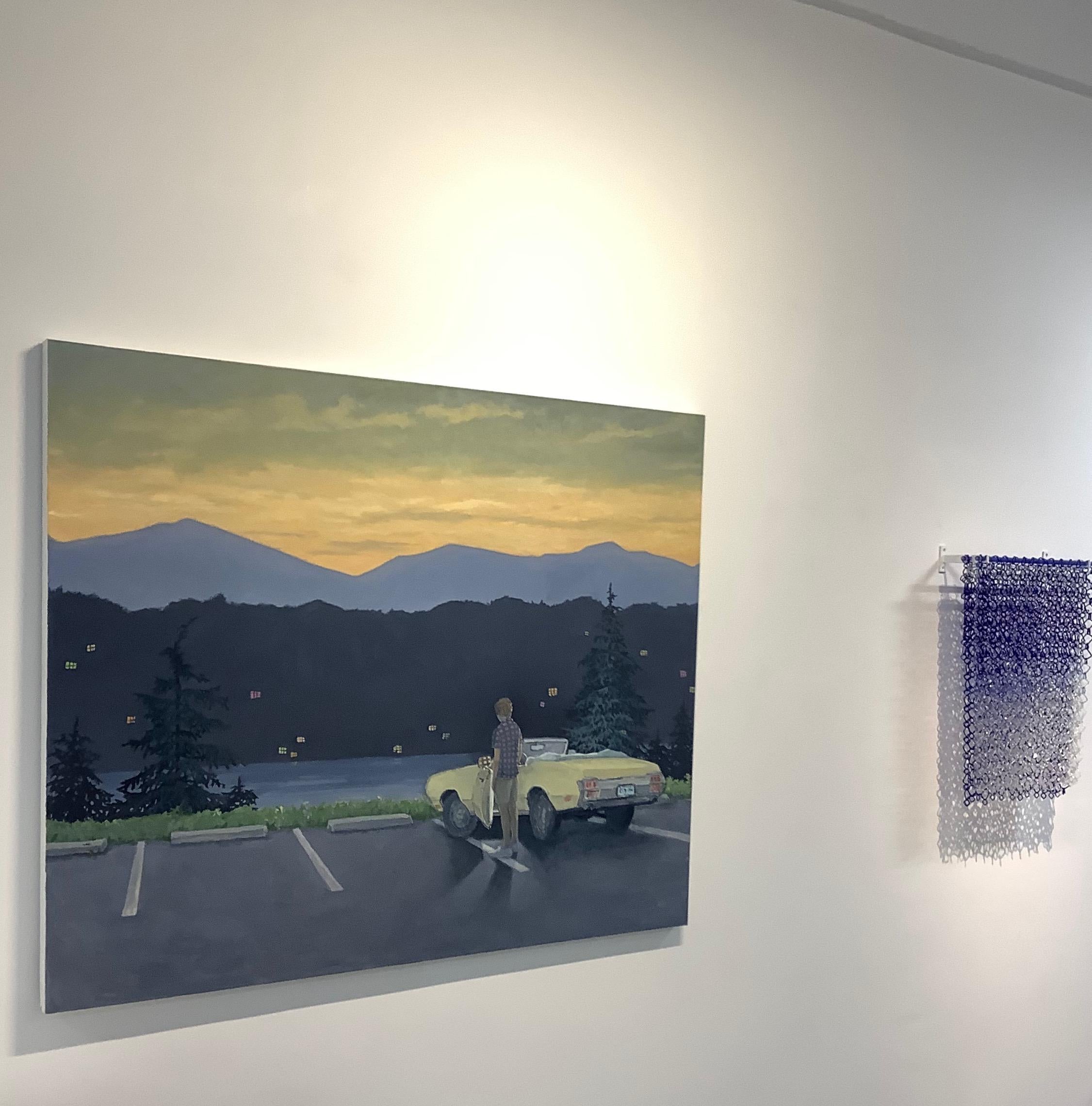 Overlook - See Sonnenuntergang Landschaft Abbildung Gelb Oldtimer Berge, 2020 (Zeitgenössisch), Painting, von KK Kozik