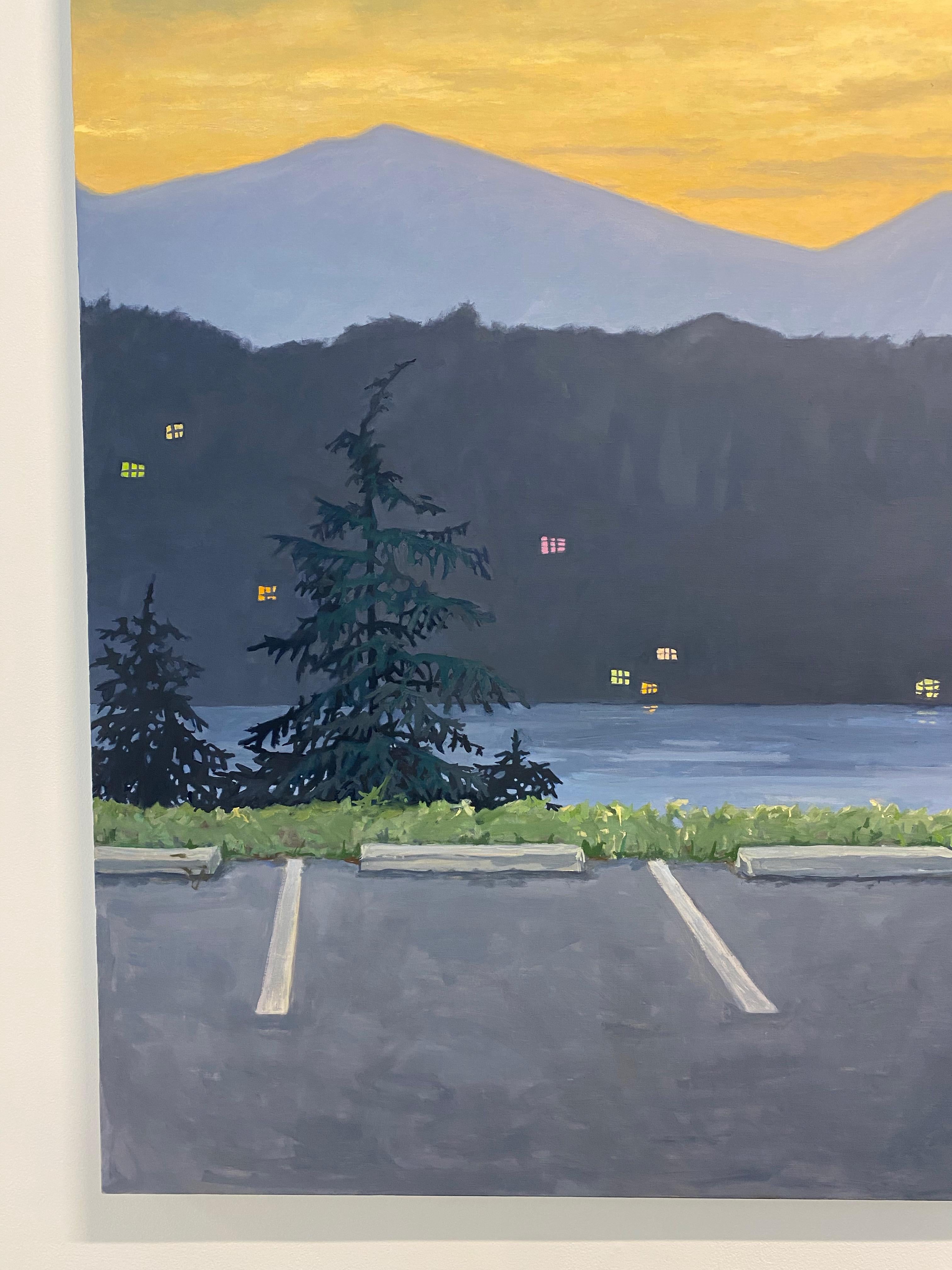 Overlook - See Sonnenuntergang Landschaft Abbildung Gelb Oldtimer Berge, 2020 (Grau), Figurative Painting, von KK Kozik