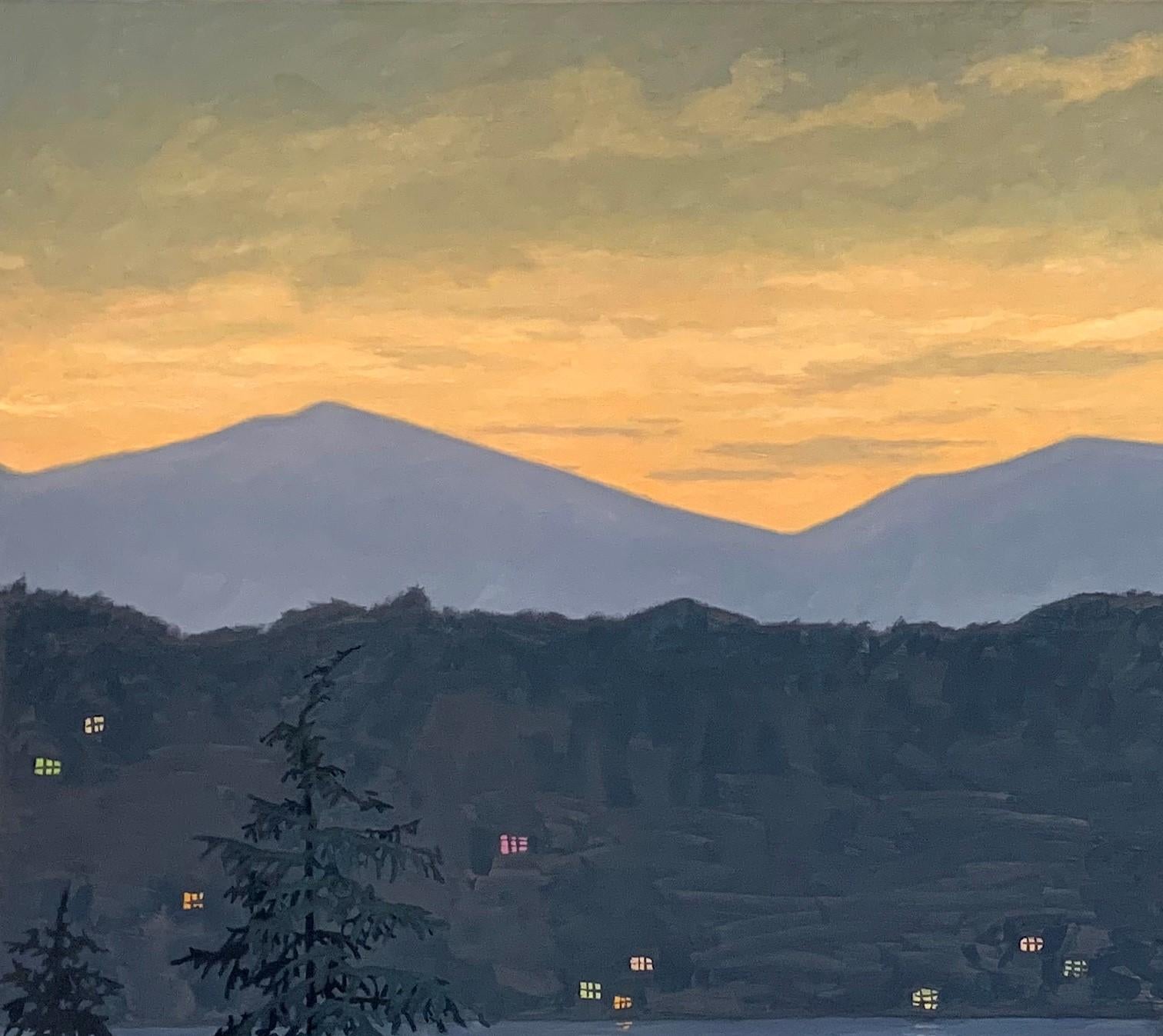 Overlook - See Sonnenuntergang Landschaft Abbildung Gelb Oldtimer Berge, 2020 im Angebot 4