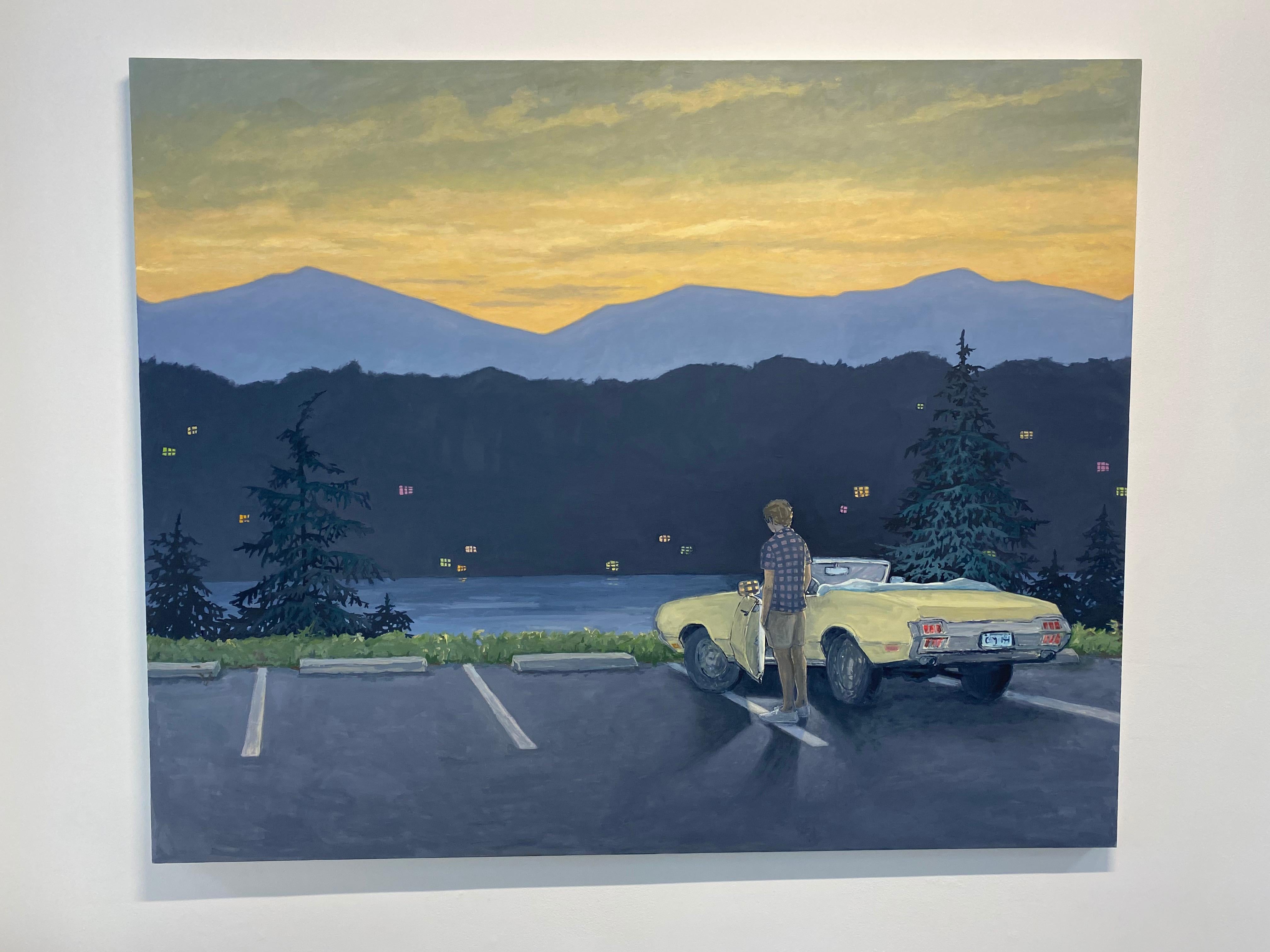 Overlook, Figure, Yellow Vintage Car, Mountains, Pine Trees, Lake at Sunset - Painting by KK Kozik