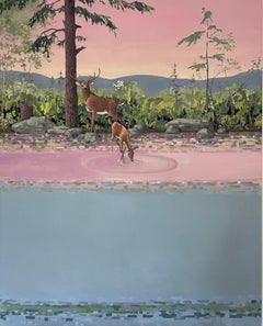 Pink Doe and Stag, Lake Landscape, Two Deer, Pink, Blue Water, Mountains