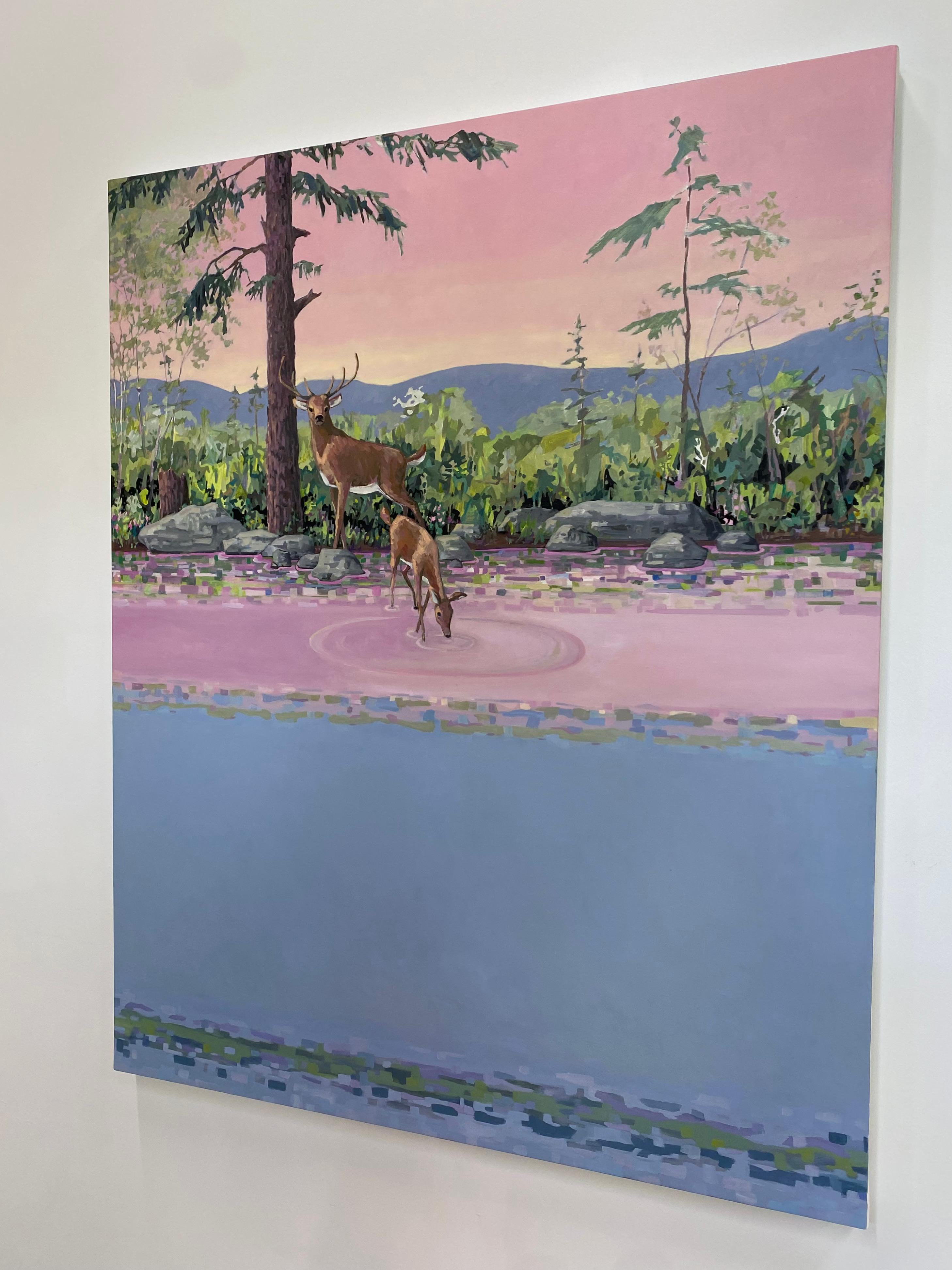 Pink Doe and Stag, Two Deer, Pink, Blue Water, Mountains, Lake, Pine Trees For Sale 7