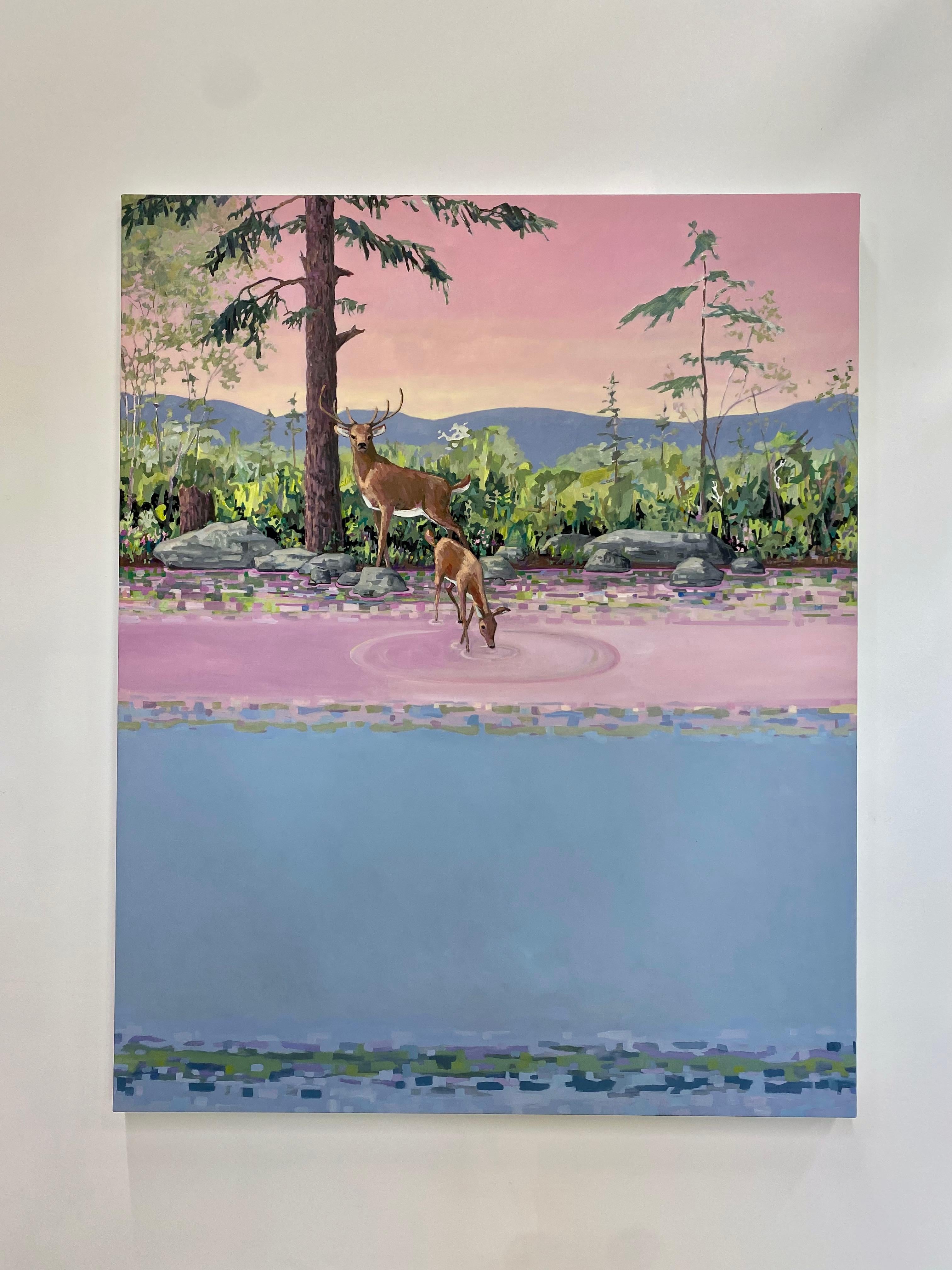 Pink Doe and Stag, Two Deer, Pink, Blue Water, Mountains, Lake, Pine Trees - Painting by KK Kozik