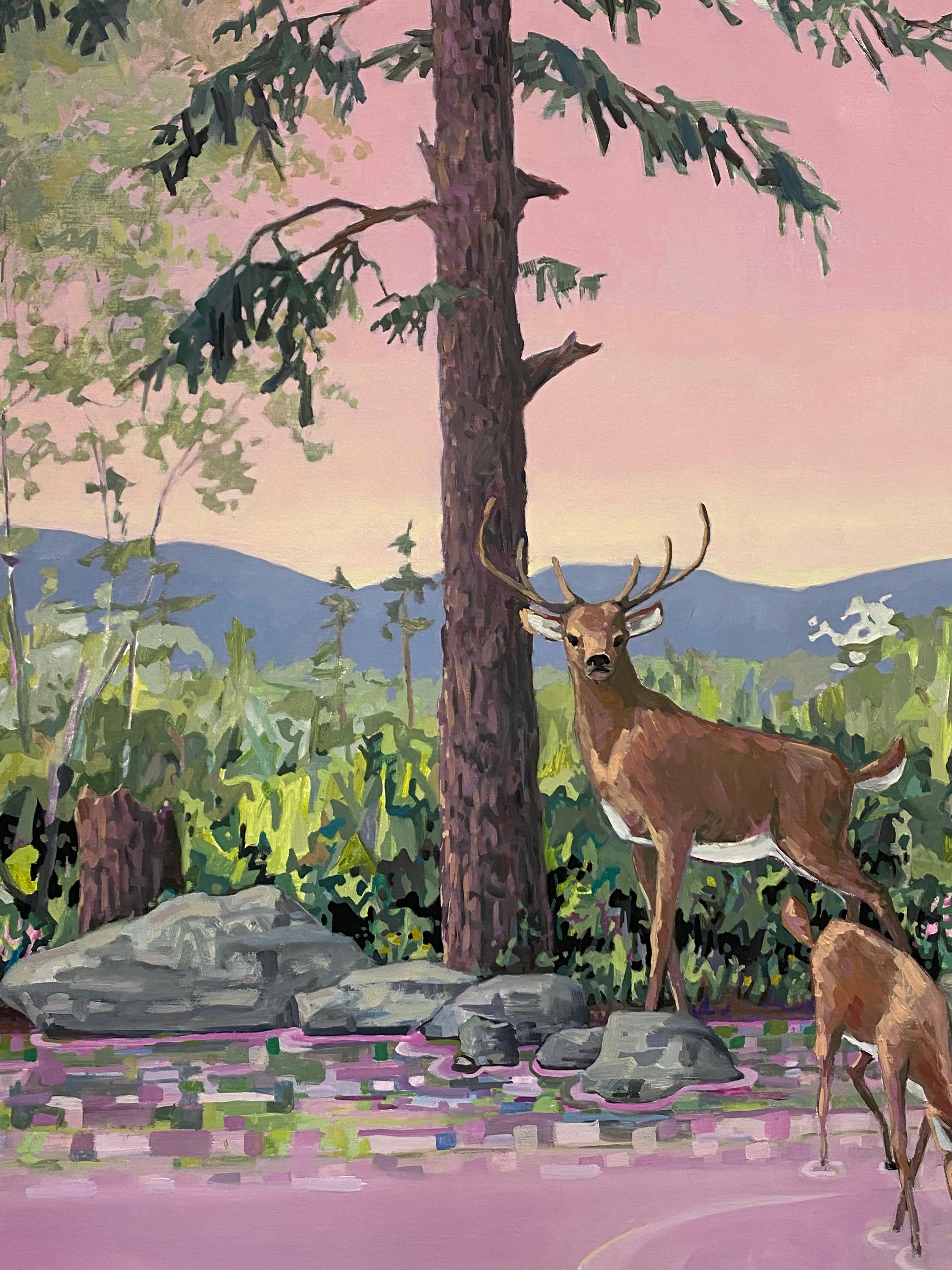 Two deer, a doe and a stag with antlers stand knee-deep in water pink at the surface and gray blue in the depths. Dark green pine trees line the water's edge in the background, while the doe's hoof creates ripples on the water's surface in this