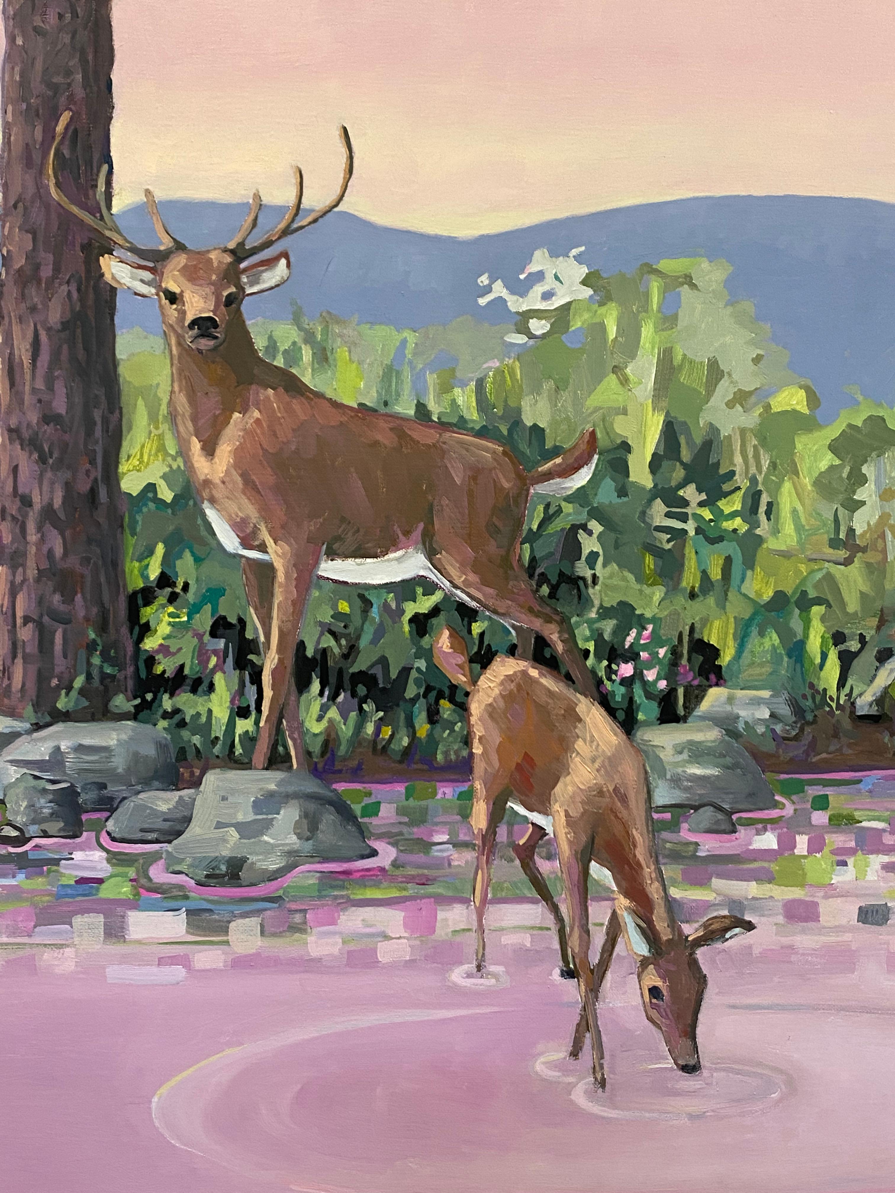 Pink Doe and Stag, Two Deer, Pink, Blue Water, Mountains, Lake, Pine Trees For Sale 1
