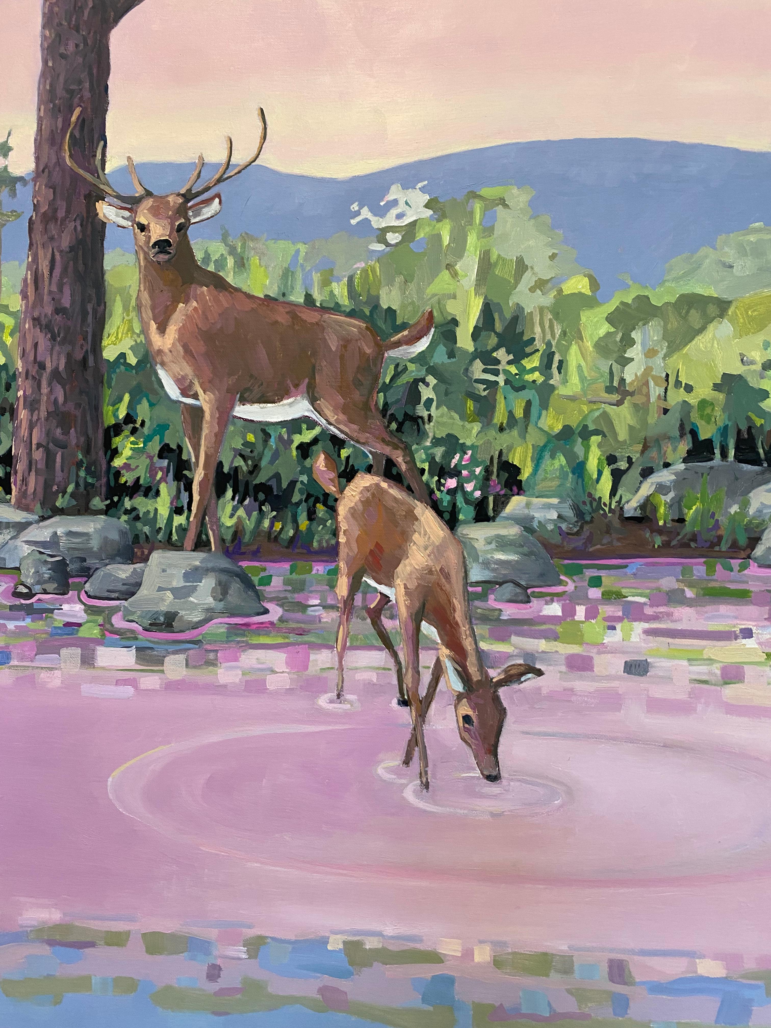 Pink Doe and Stag, Two Deer, Pink, Blue Water, Mountains, Lake, Pine Trees For Sale 2