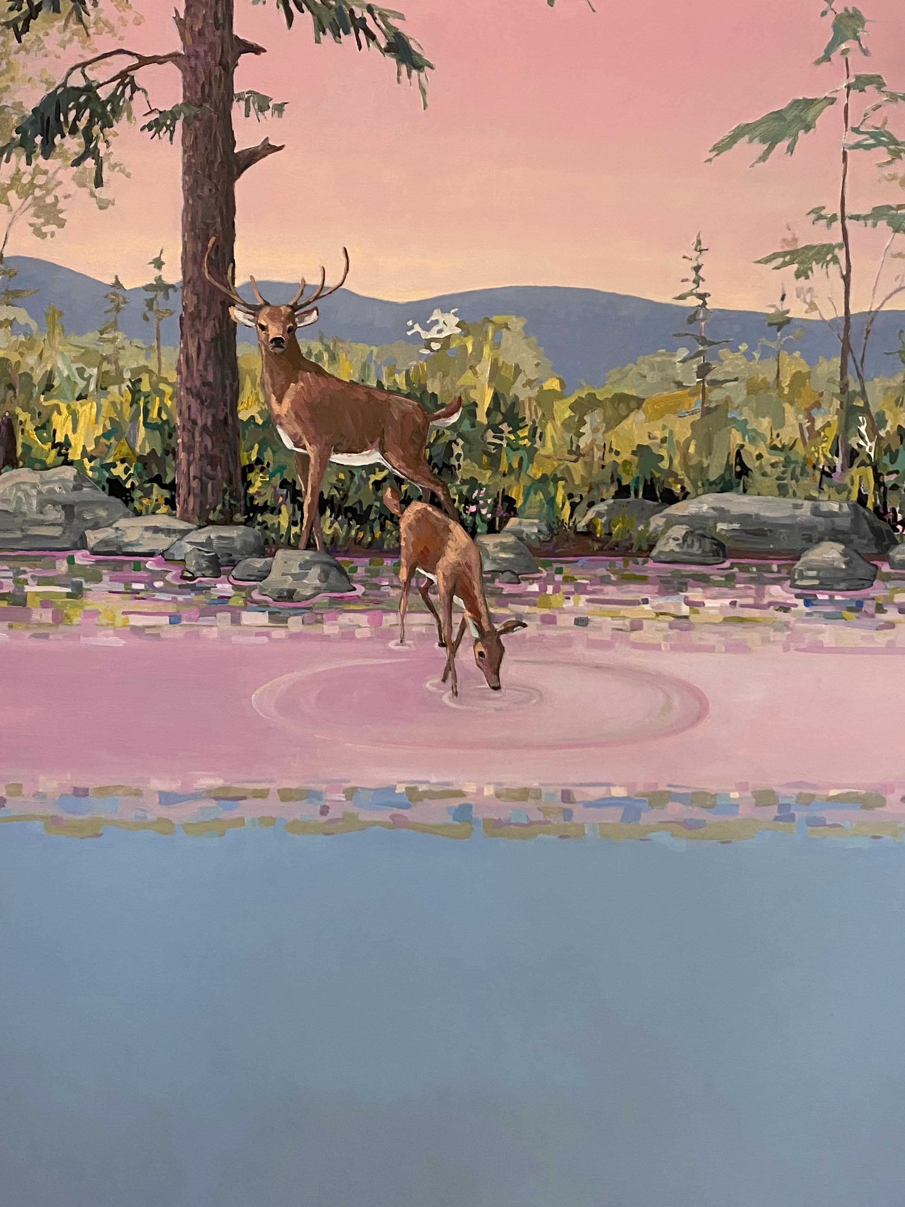 Pink Doe and Stag, Two Deer, Pink, Blue Water, Mountains, Lake, Pine Trees For Sale 3