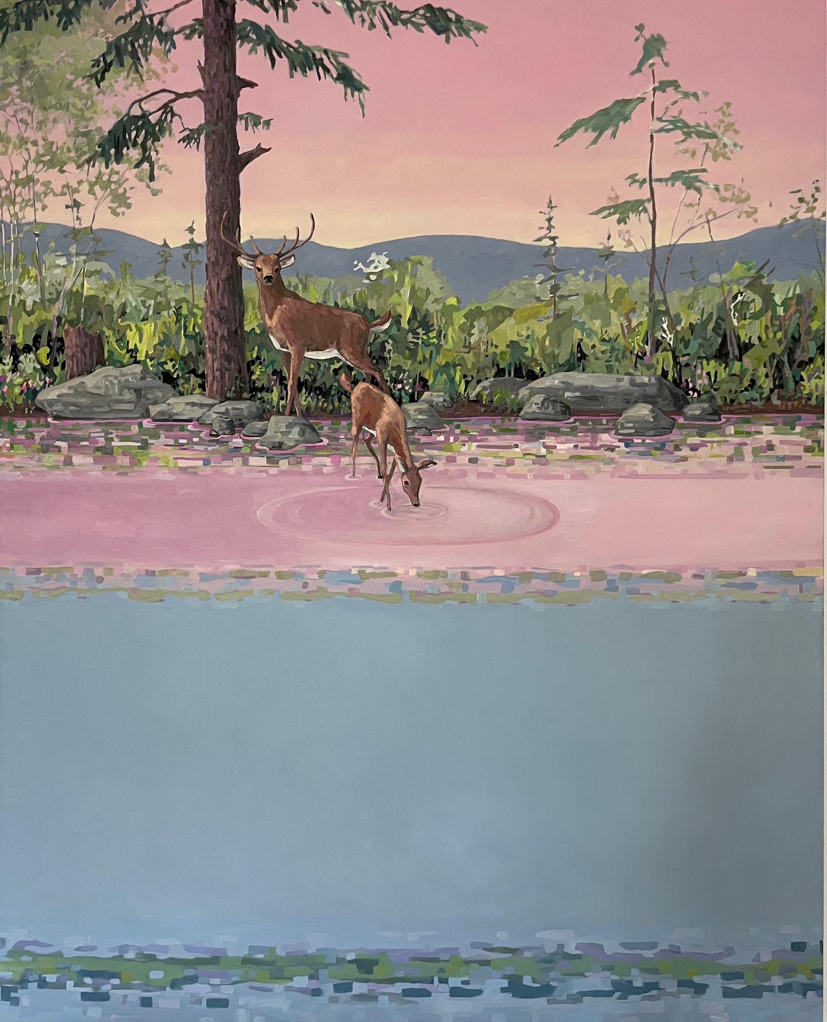 KK Kozik Landscape Painting - Pink Doe and Stag, Two Deer, Pink, Blue Water, Mountains, Lake, Pine Trees