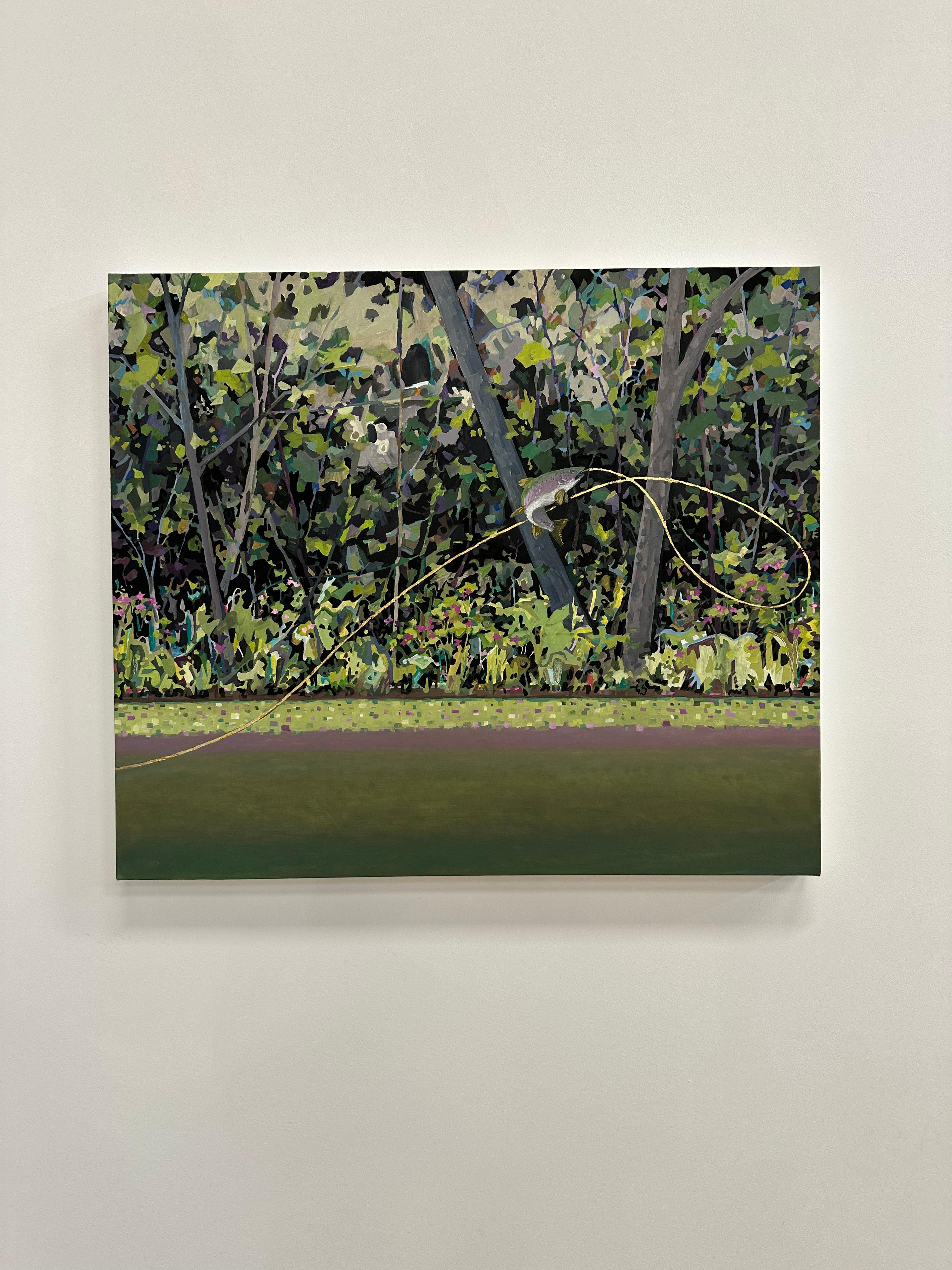 Regenbogen - Forelle Fisch Gold Grün Wald Angeln See Landschaft, 2024 – Painting von KK Kozik