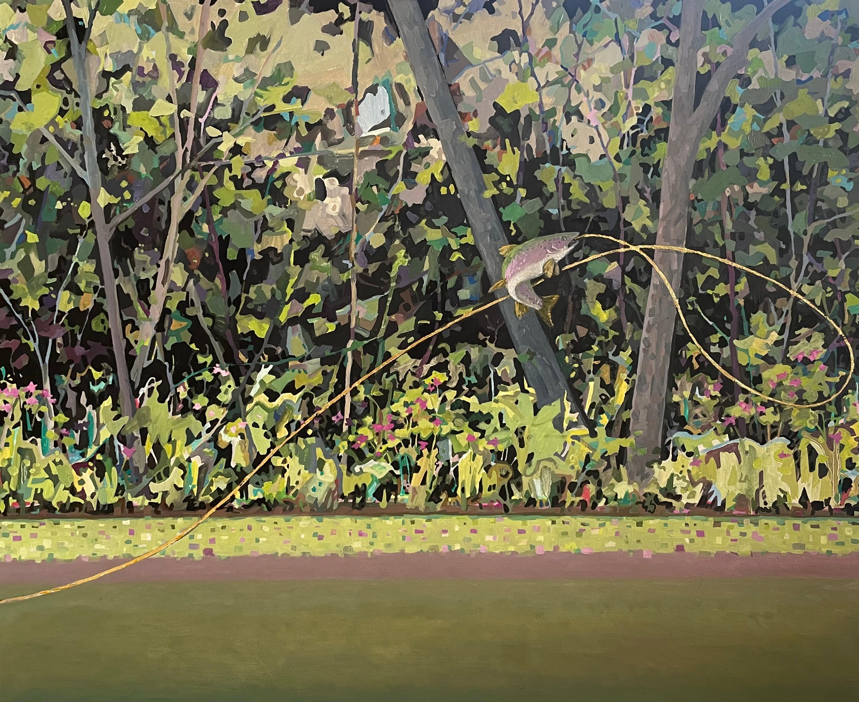 KK Kozik Landscape Painting – Regenbogen - Forelle Fisch Gold Grün Wald Angeln See Landschaft, 2024