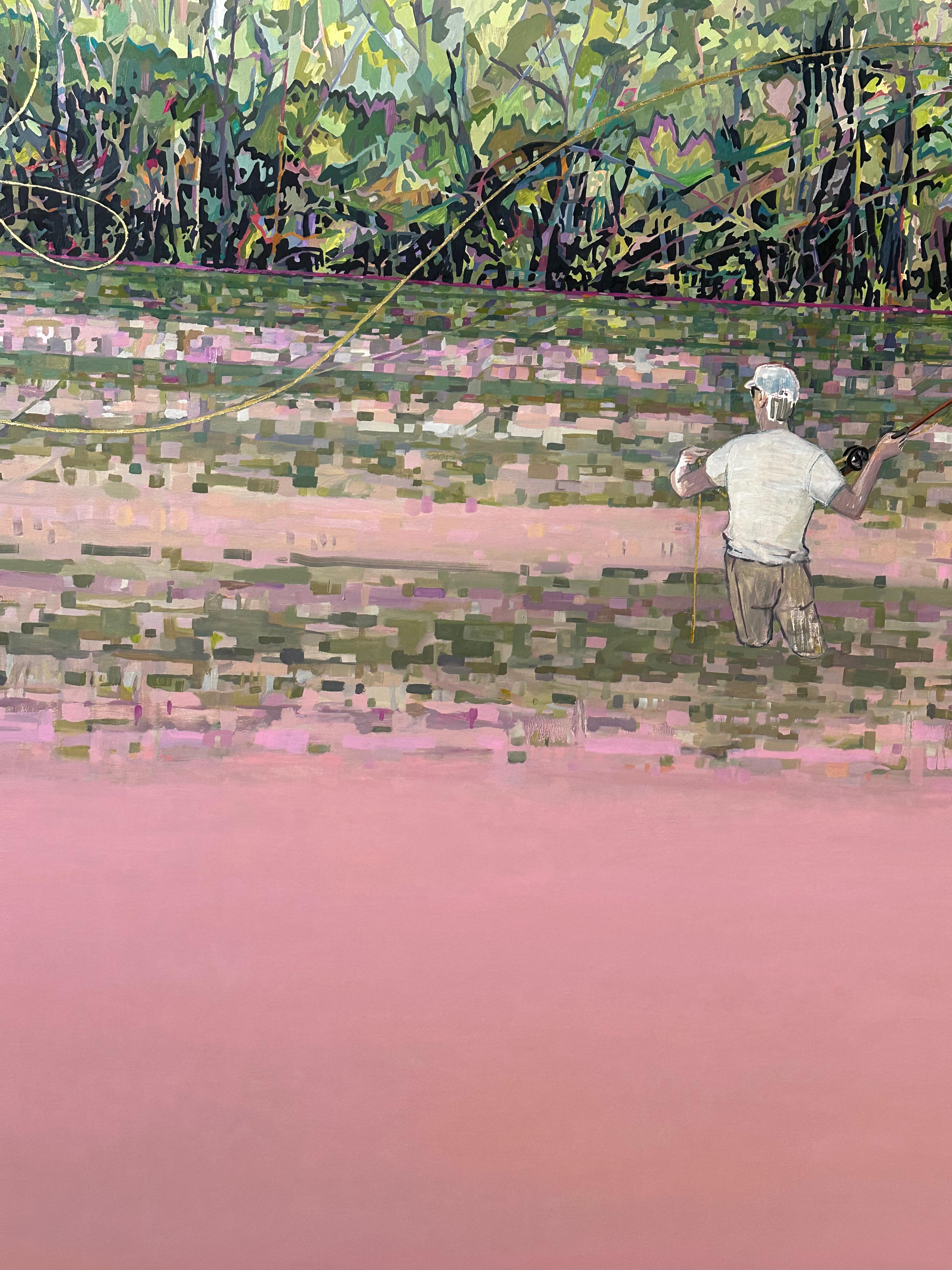 Rosewater, Figure Fishing, Pink Water, Green Trees Forest Lake, Fisherman - Painting by KK Kozik