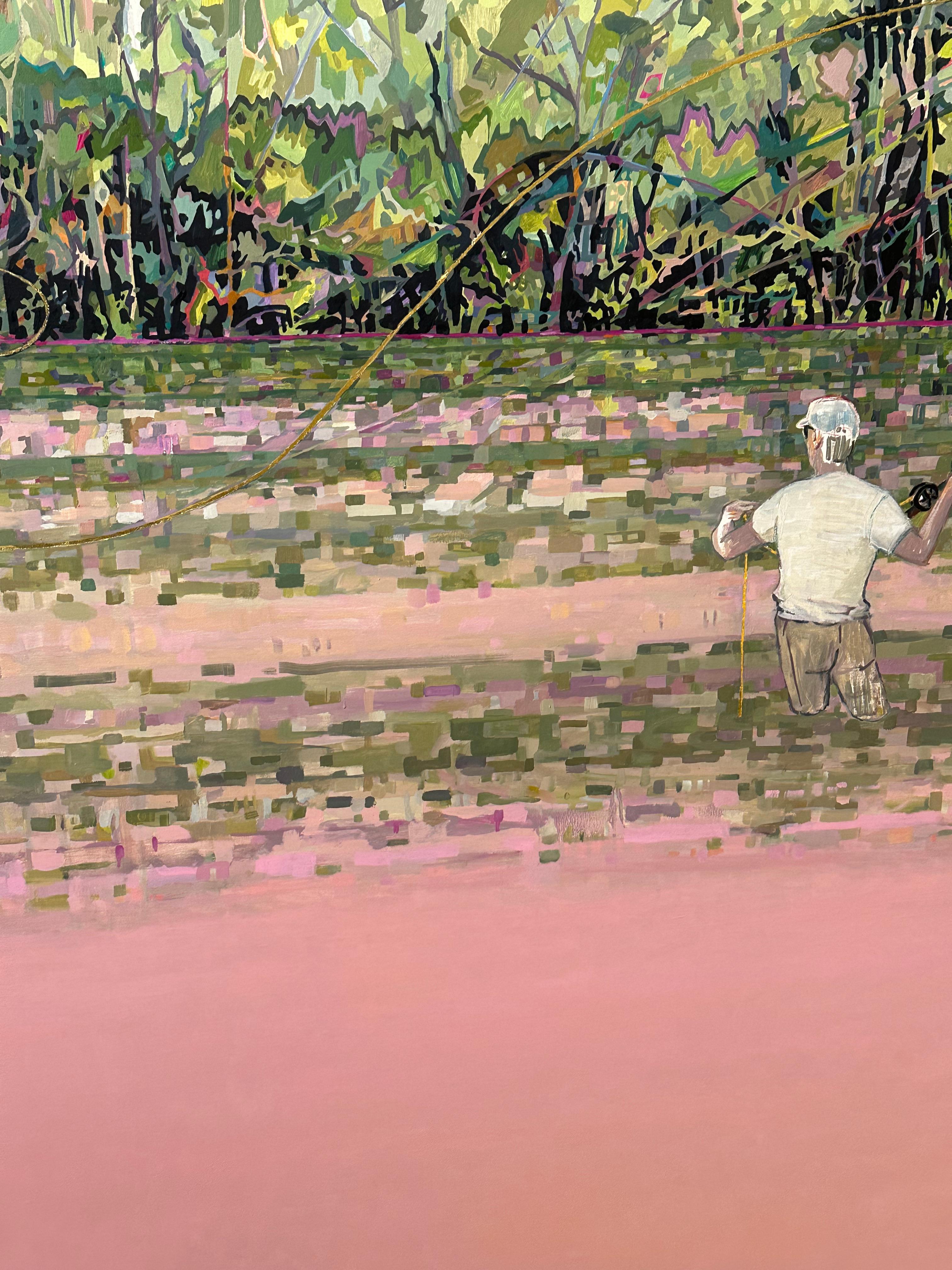 Rosewater, Figure Fishing, Pink Water, Green Trees Forest Lake, Fisherman - Contemporary Painting by KK Kozik