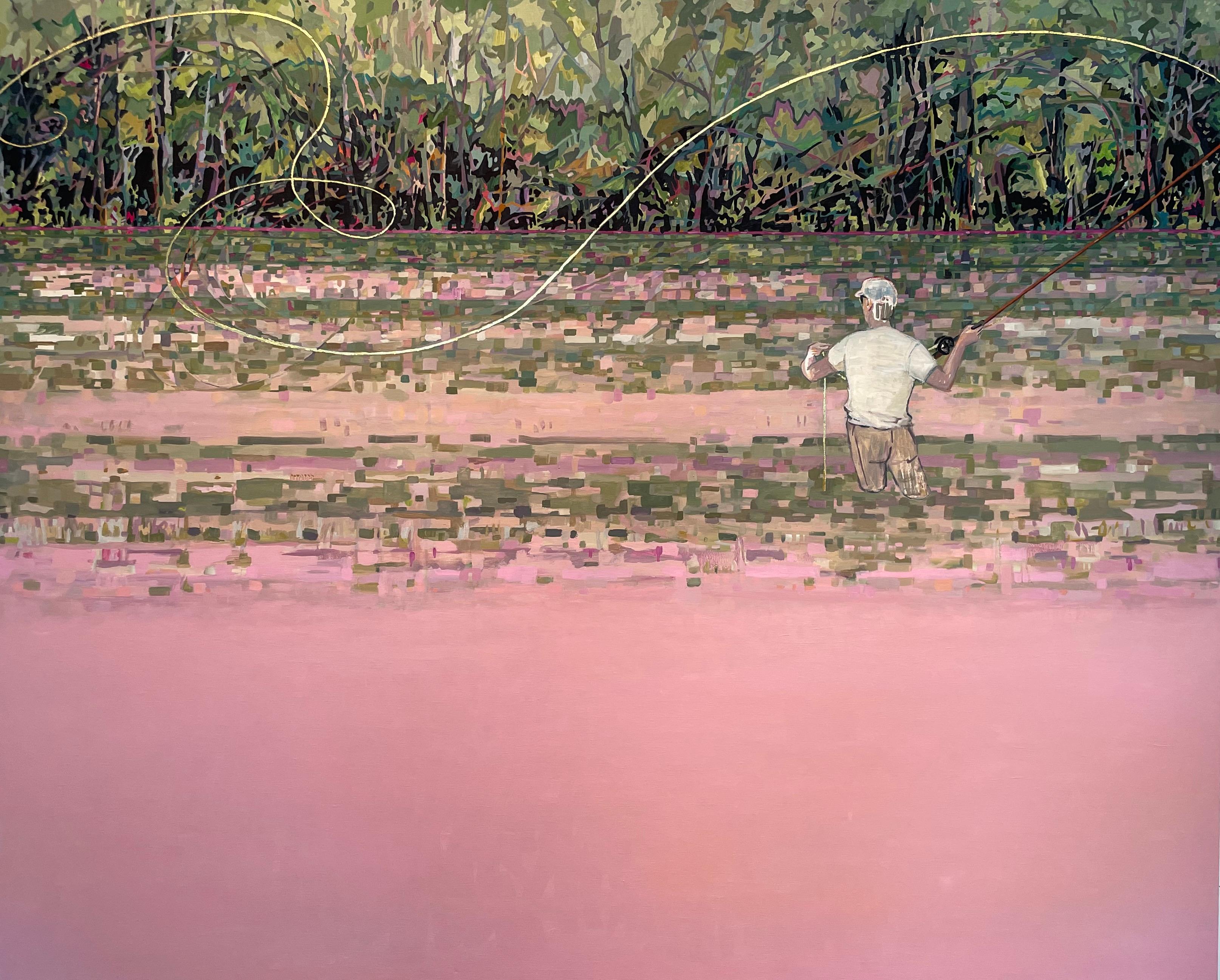 Aquarelle rose, pêcheur, eau rose, arbres verts, lac de la forêt, pêcheur