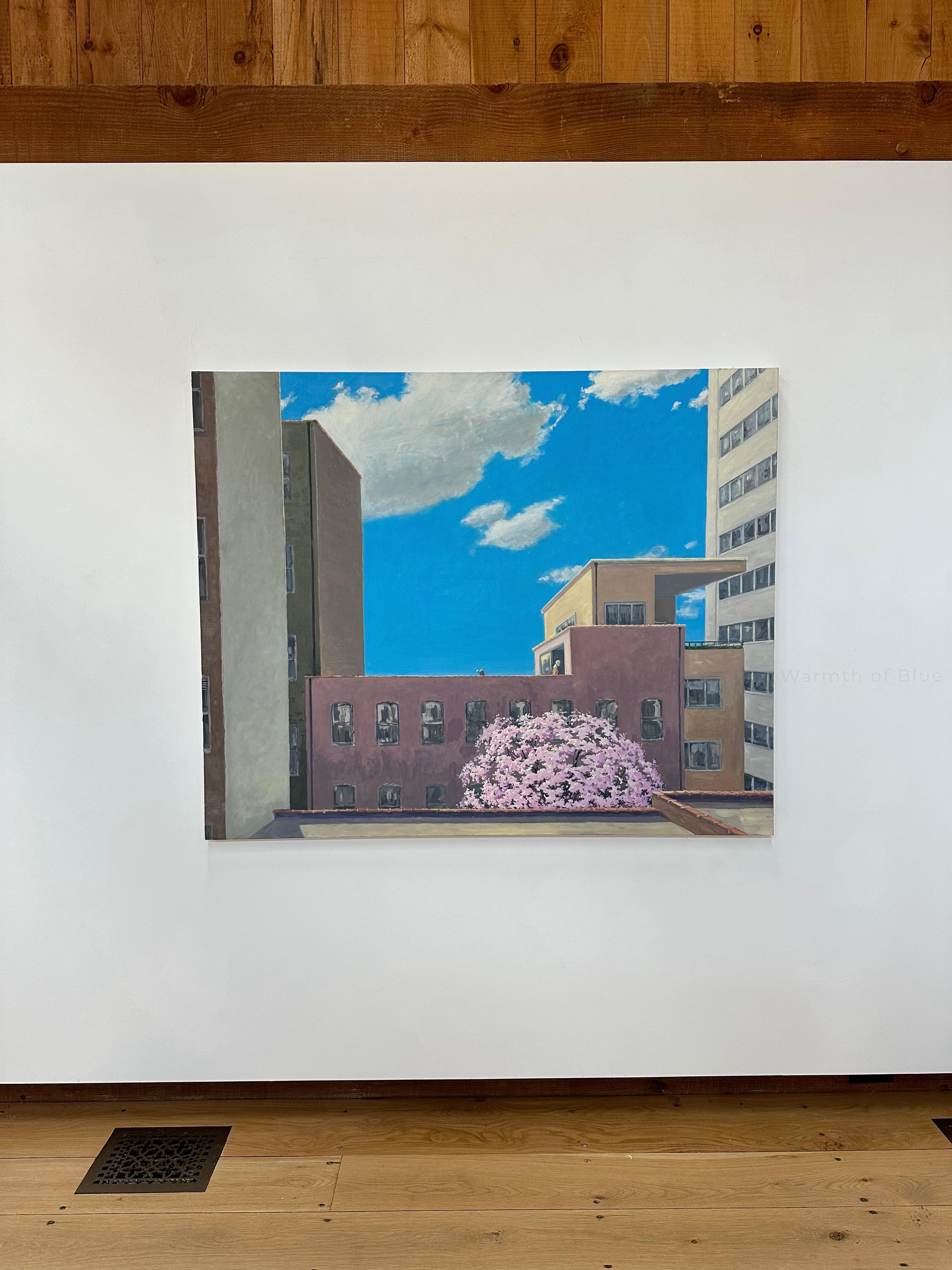 Spring in the City, Cherry Blossoms, Buildings, Blue Sky Urban Landscape - Painting by KK Kozik